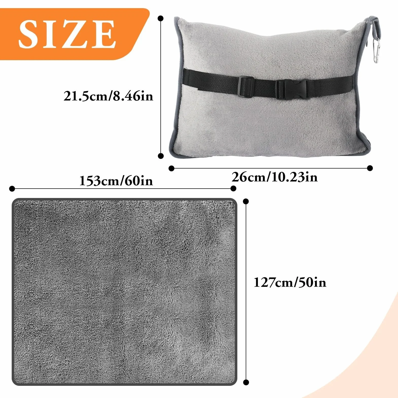 Couverture de Voyage Avion 2 en 1 Oreiller Doux Ultra Légère Chaude Fixation Valise Portable Gris 127 x 152 cm