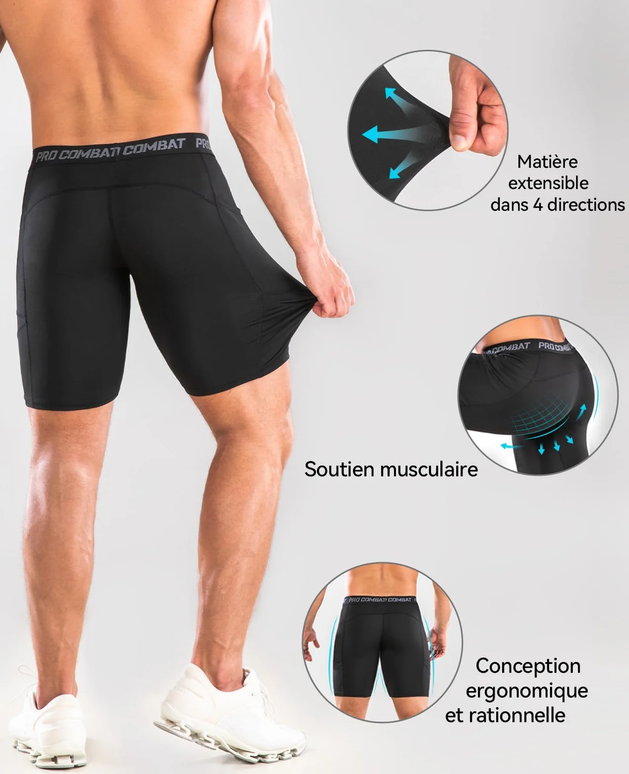 Niksa Short de Compression Homme à Séchage Rapide Respirant Sport Ajusté avec Poches pour Téléphone