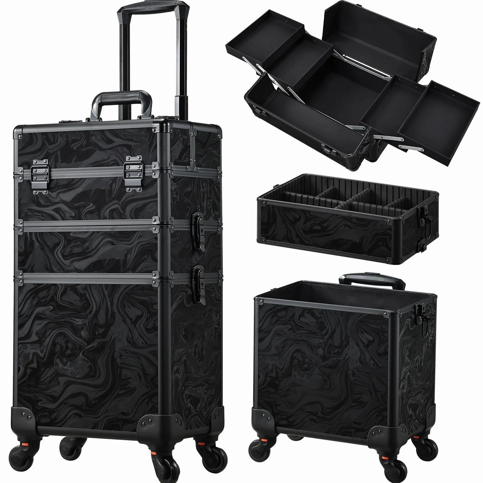 Valise Maquillage à roulettes 3 en 1 Alpine Noir, Grande Malette Coiffure Ongles multifonctionnelle