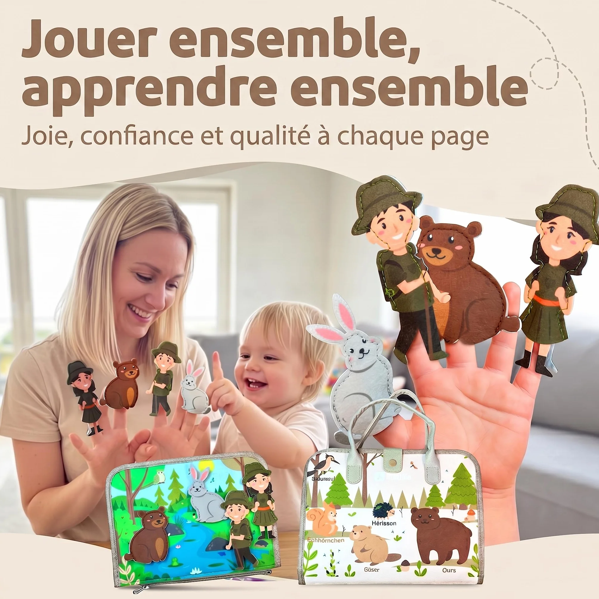Mallie Montessori Busy Board en Français pour 1 2 3 Ans avec Jeu de Rôle & Marionnettes