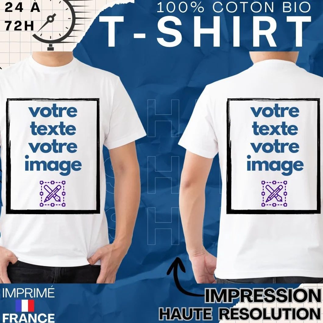 T-Shirt Personnalisé Recto/Verso 100% Coton Blanc Noir Unisexe