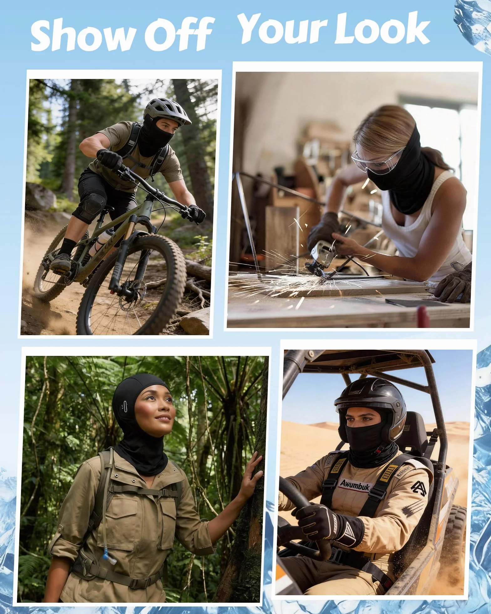 AWUMBUK Cagoule Moto Été Balaclava Masque Sport UV Tissu Glacé Respirant Homme Femme Vélo Randonnée Course Protection Solaire Anti-Insectes Noir
