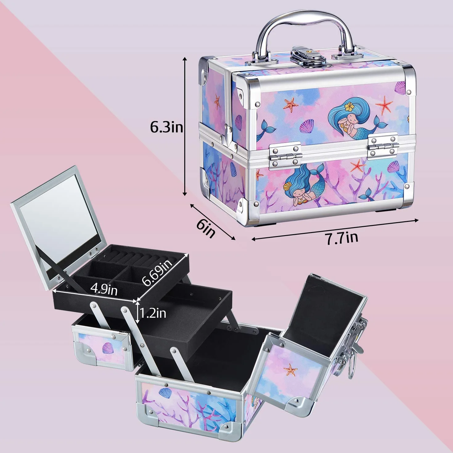 Mallette Maquillage avec Miroir Vanity Coffret Rangement Cosmétique Valise Voyage Fille Sirène