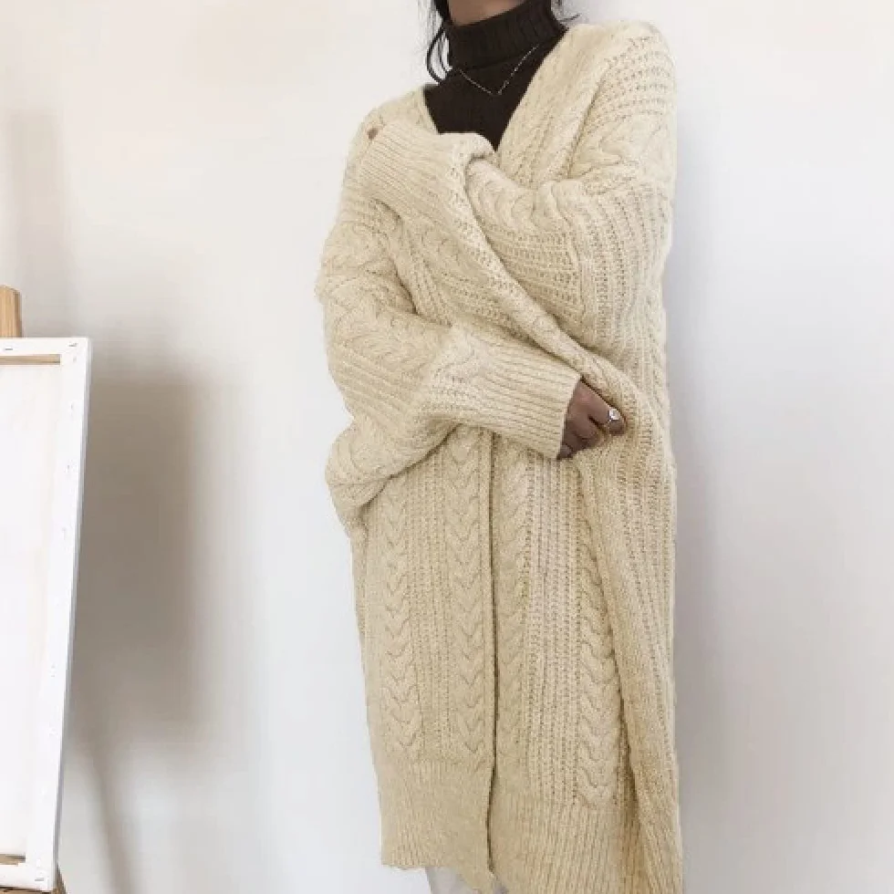 Cardigan Femme Vintage Beige Col V Lâche Manches Longues Pull Tricot Manteau Doux Chaud Mi-Long Taille Unique