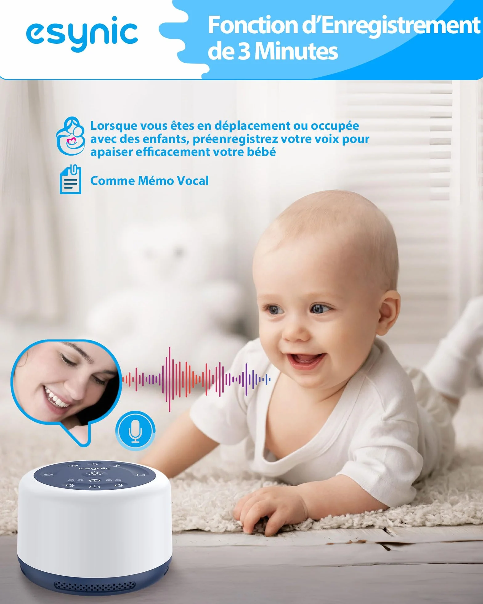 eSynic Machine à Bruit Blanc Portable pour Bébé avec 30 Sons Relaxants, Veilleuse Réglable, Minuterie, Batterie Intégrée (Bleu)