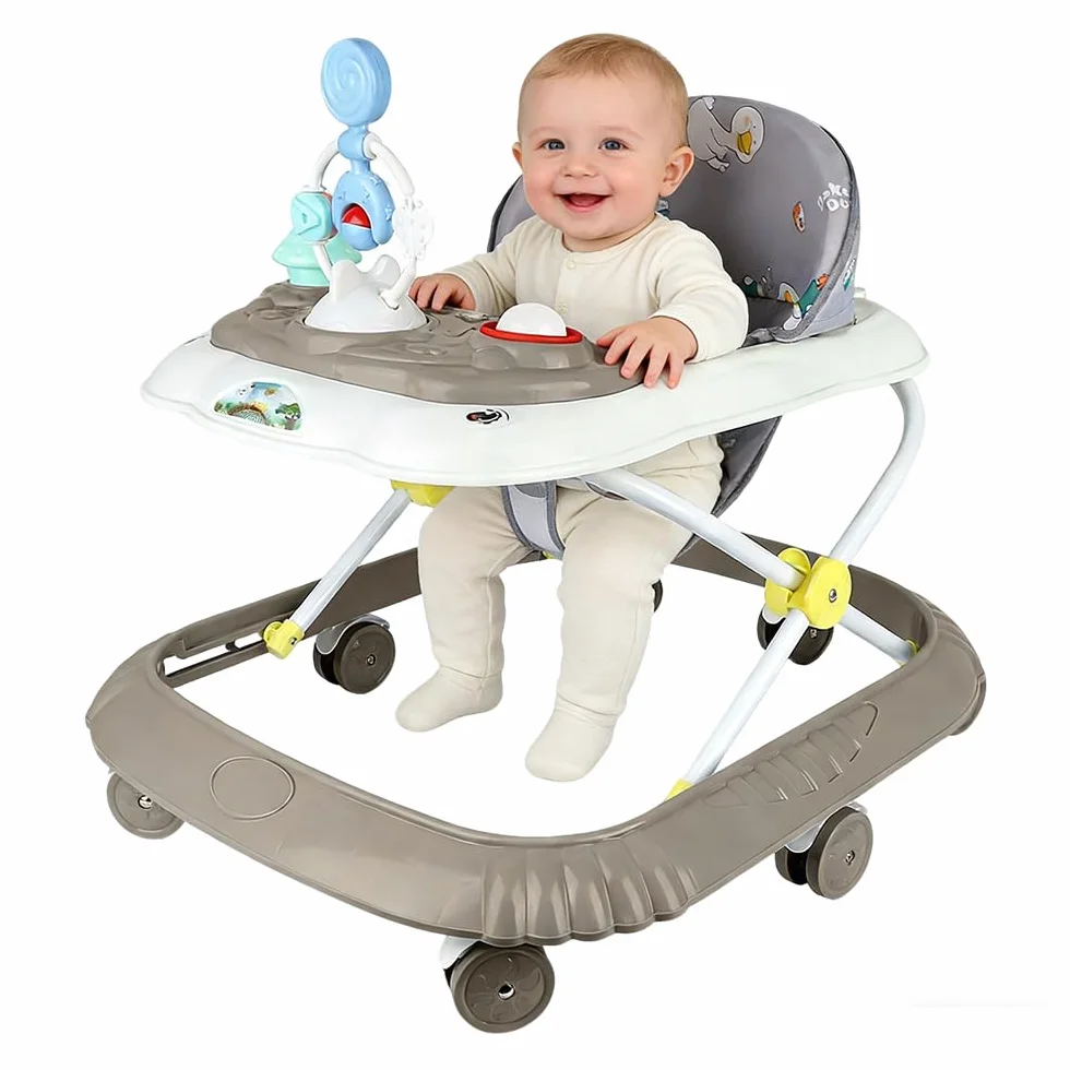 Trotteur 4 en 1 Pliable pour Bébé avec Plateau de Jeux Interactif, Base Anti-basculement, Roues Silicone, 4 Positions Hauteur, 6-18 Mois