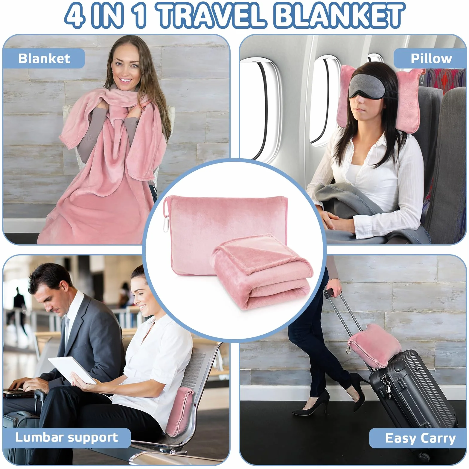 Couverture de voyage 2 en 1 avec taie d'oreiller douce - Coussin transformable - Couverture d'avion chaude