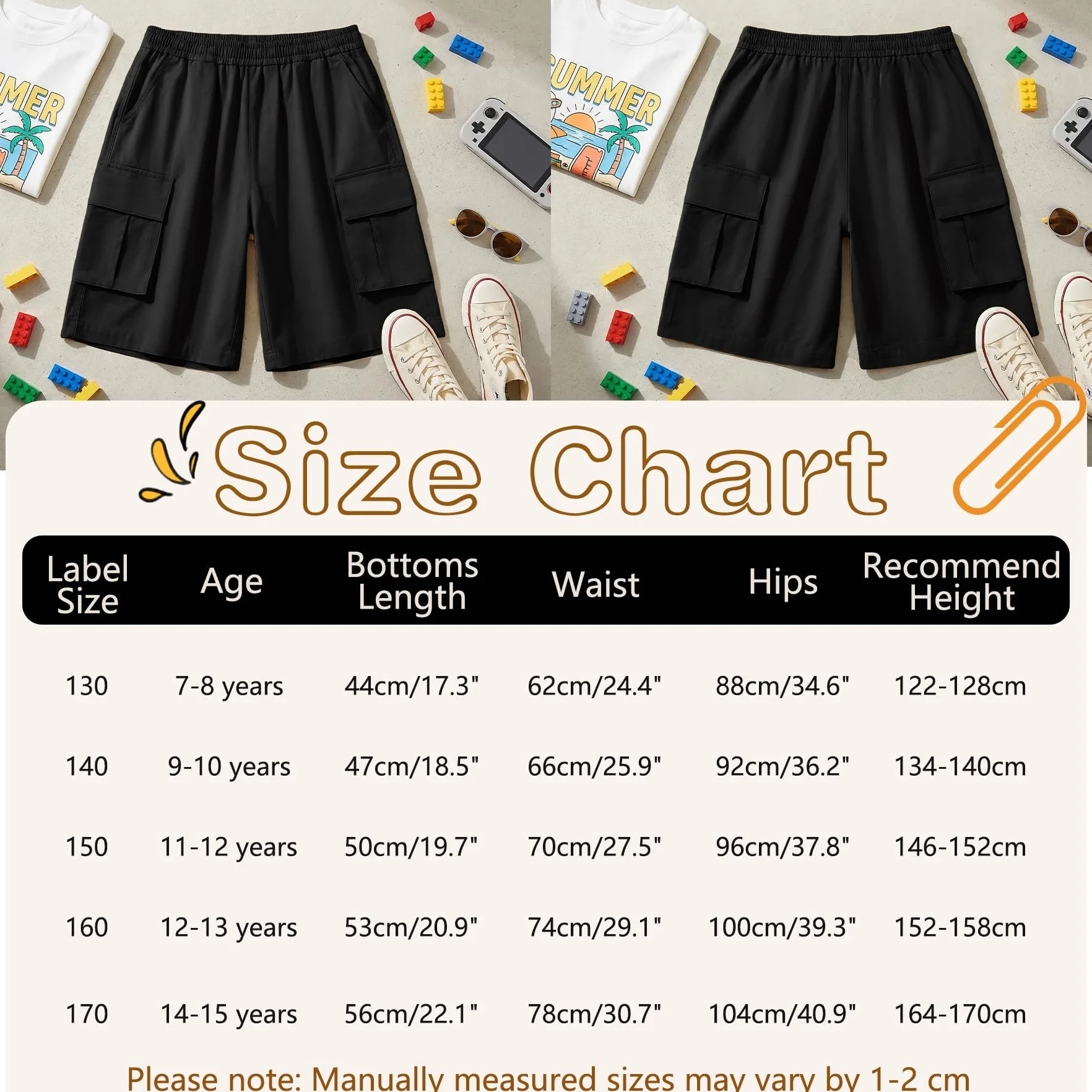 Short Cargo Garçon Ceinture Élastique Multi-Poches Léger Pantalon de Sport Respirant Enfants 7-15 Ans