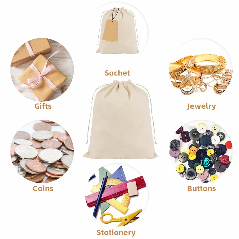 Sachet en Coton Tissu 15x20cm Sac Cordon Cadeau avec Serrage pour Mariage