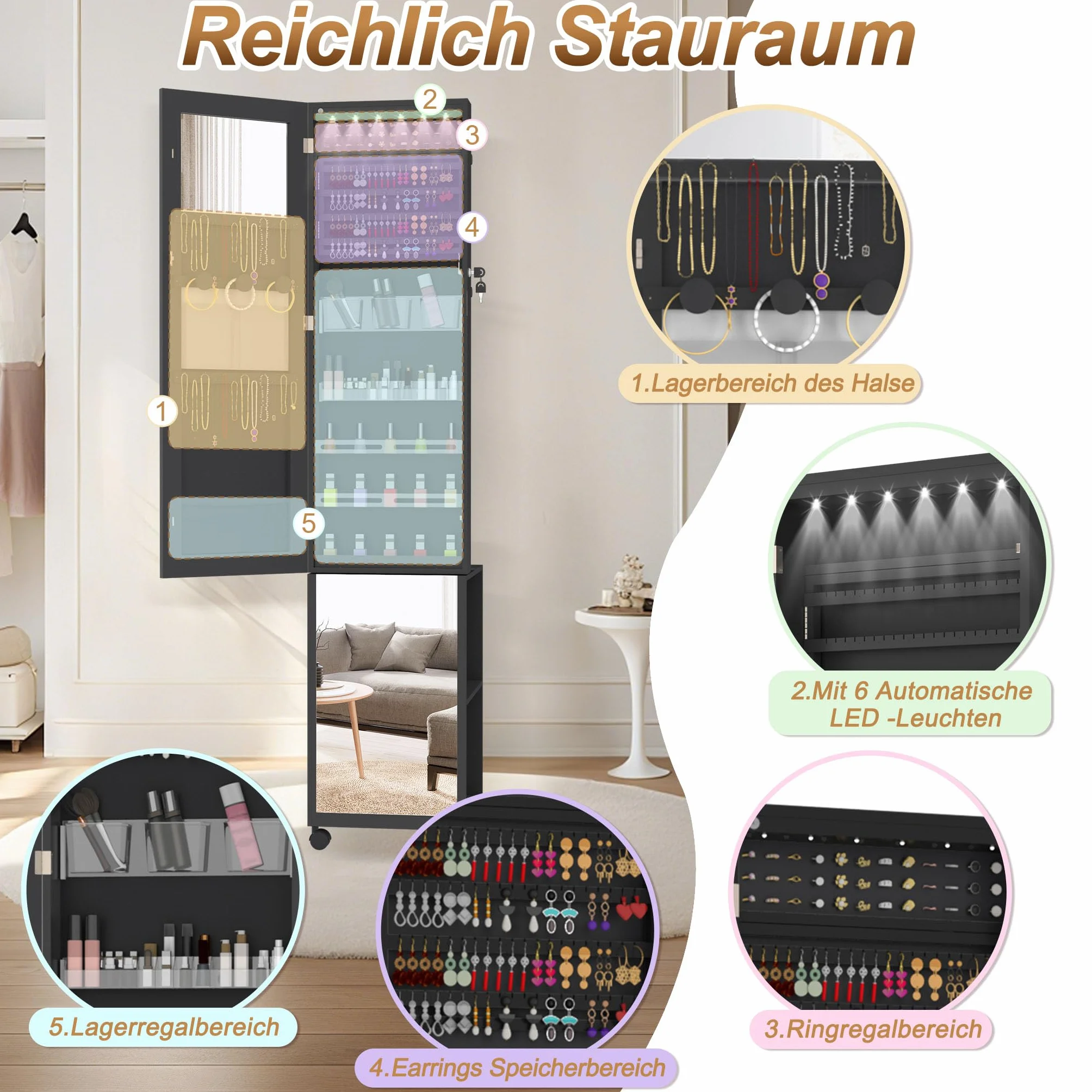 LZQ Armoire à bijoux avec miroir et lumières LED - Verrouillable - 36 x 40 x 170 cm - Noir