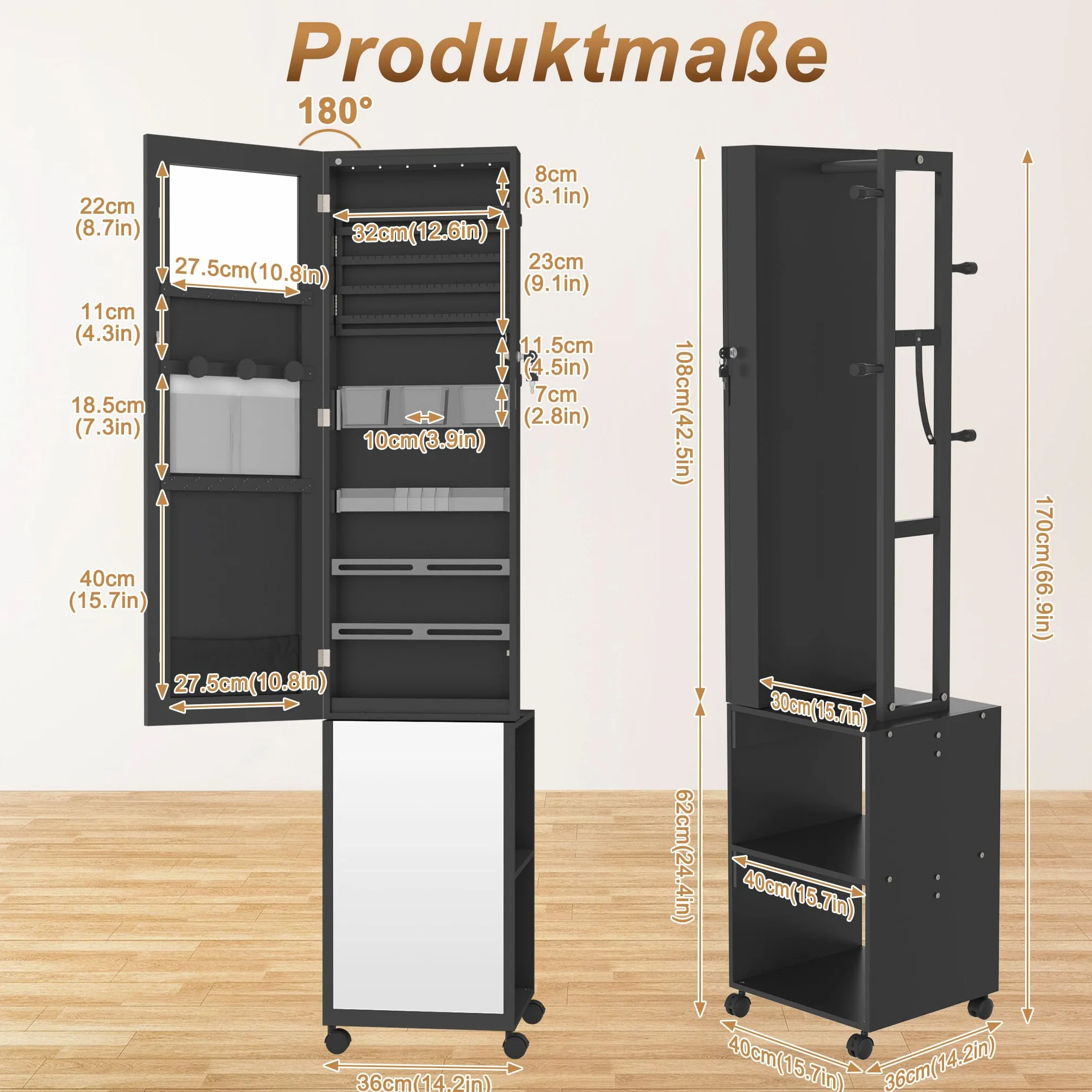 LZQ Armoire à bijoux avec miroir et lumières LED - Verrouillable - 36 x 40 x 170 cm - Noir