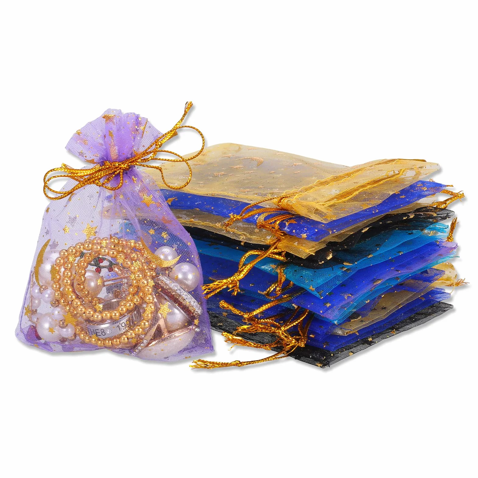 Sacs En Organza 100 pièces 9x12cm Mélanger Couleur avec Motif étoile et lune Ruban Or pour Cadeaux Bijoux Mariage