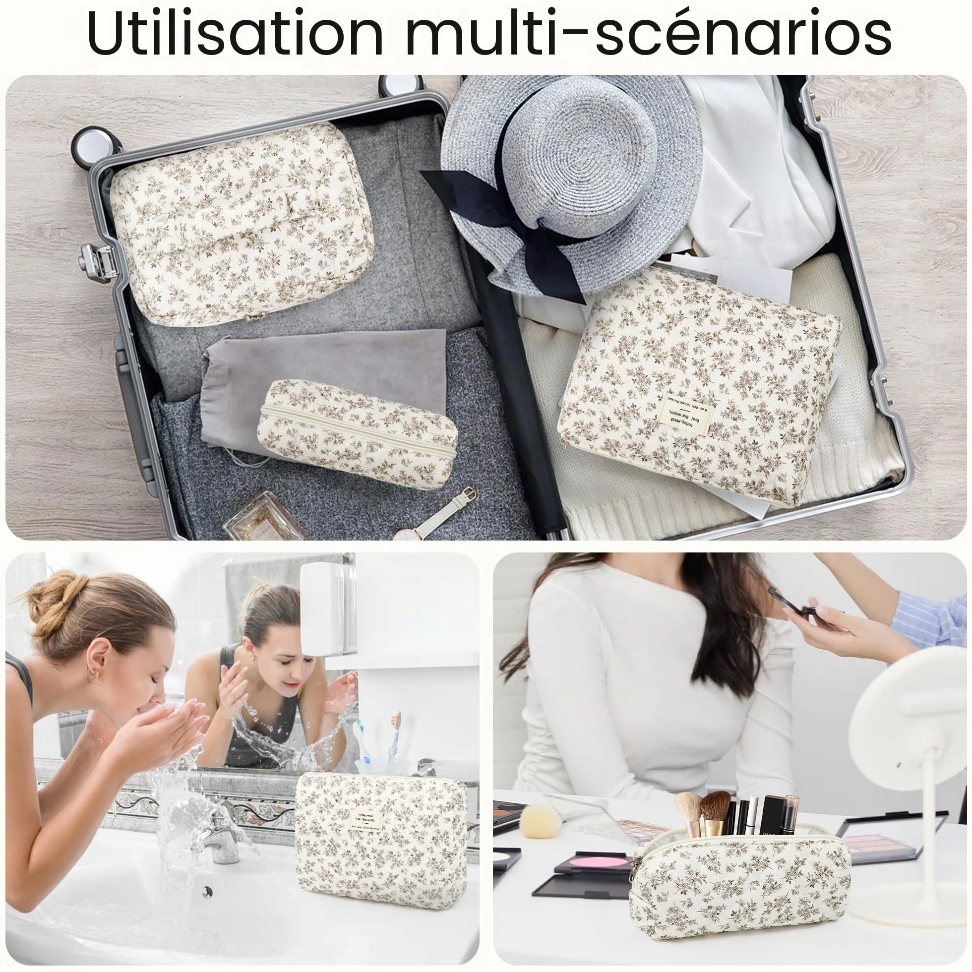 Lot de 3 Trousse Maquillage Femme, Ensemble Trousse de Toilette avec Motif Floral, Sac Organiseur Cosmétique Voyage