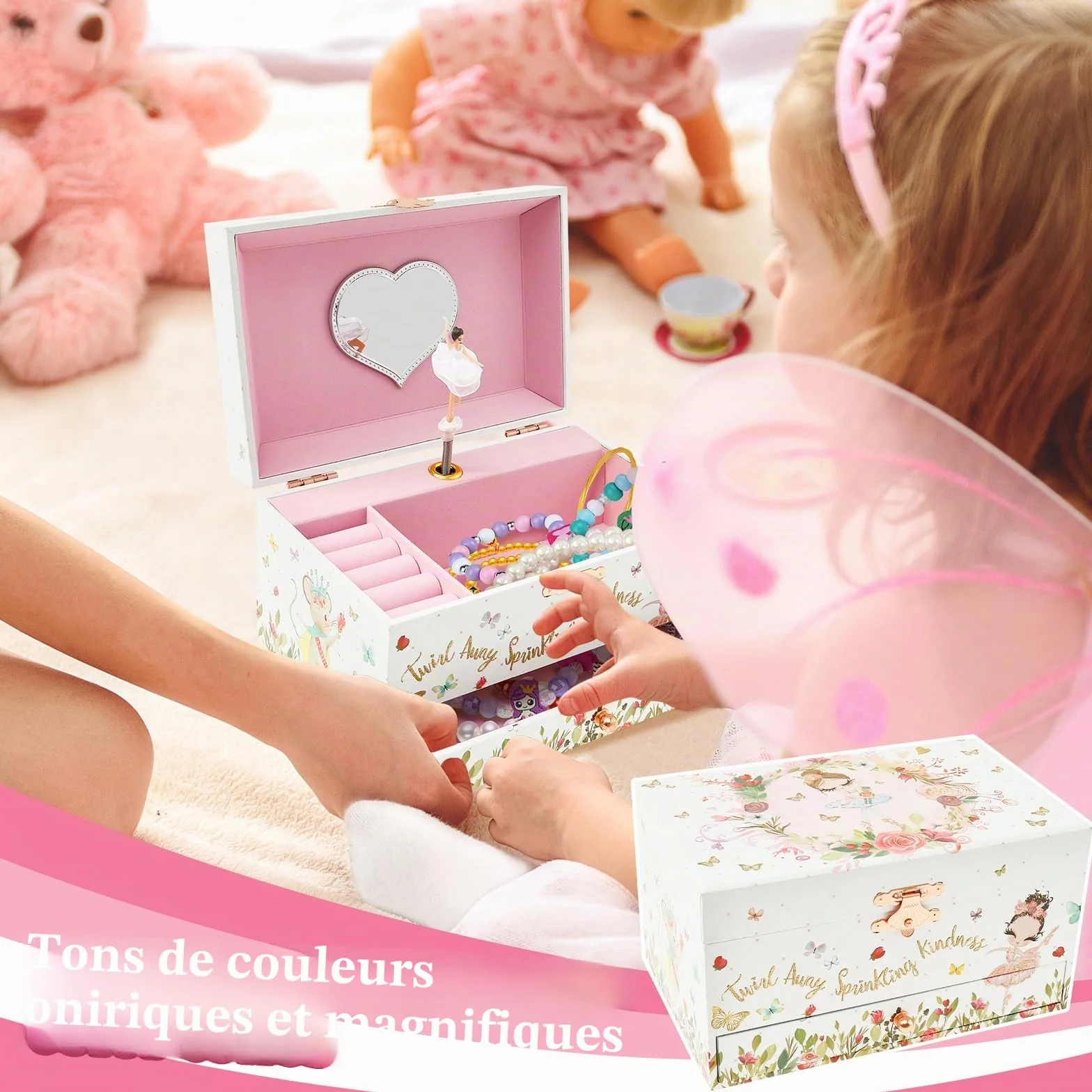 Boîte à bijoux musicale pour enfants petite princesse tournante 17,8 x 11,2 x 9,7 cm