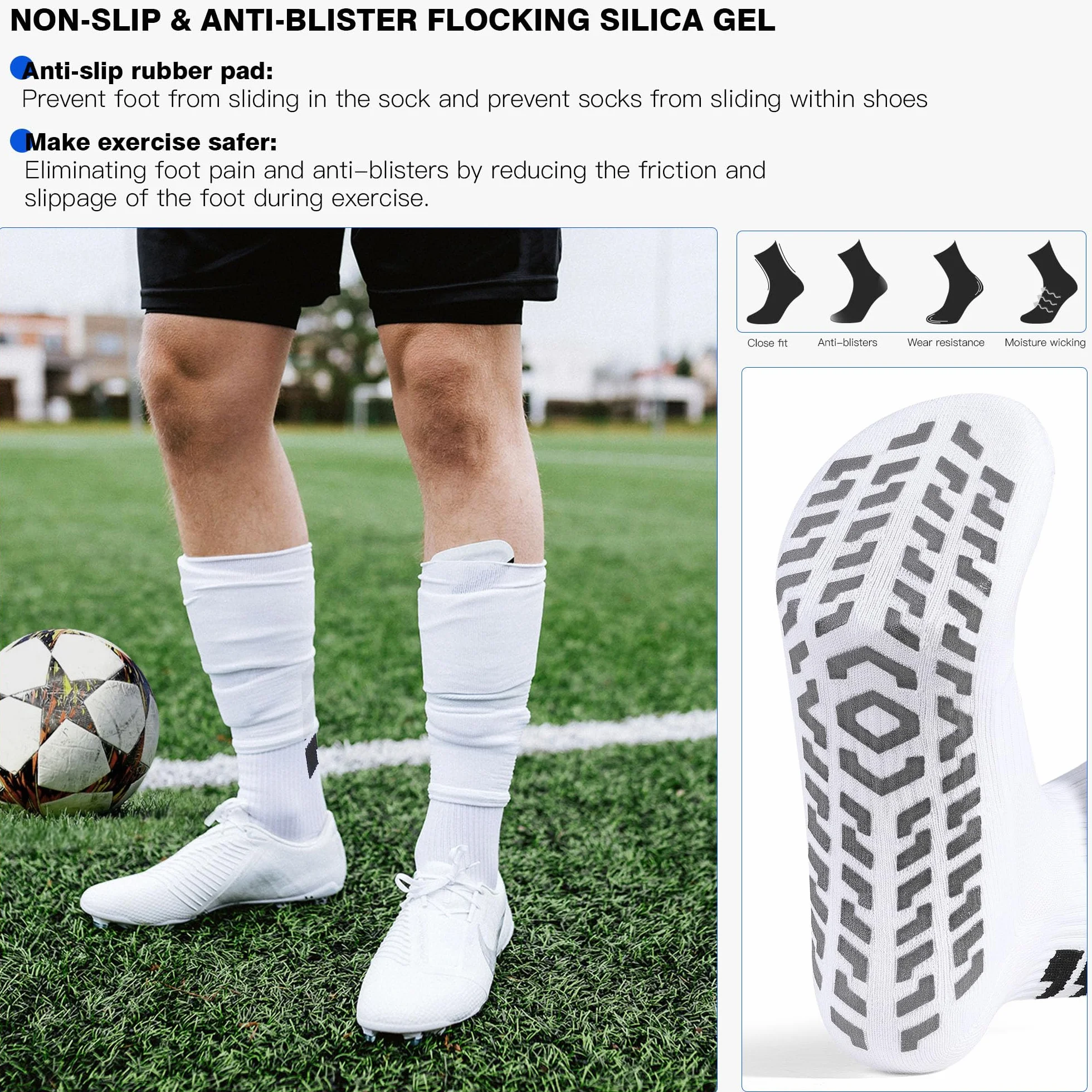 CLOSEMATE Chaussettes Antidérapantes Homme Femme Sport Football Randonnée 35-38 39-42 43-46 Blanc Noir 3 Paires