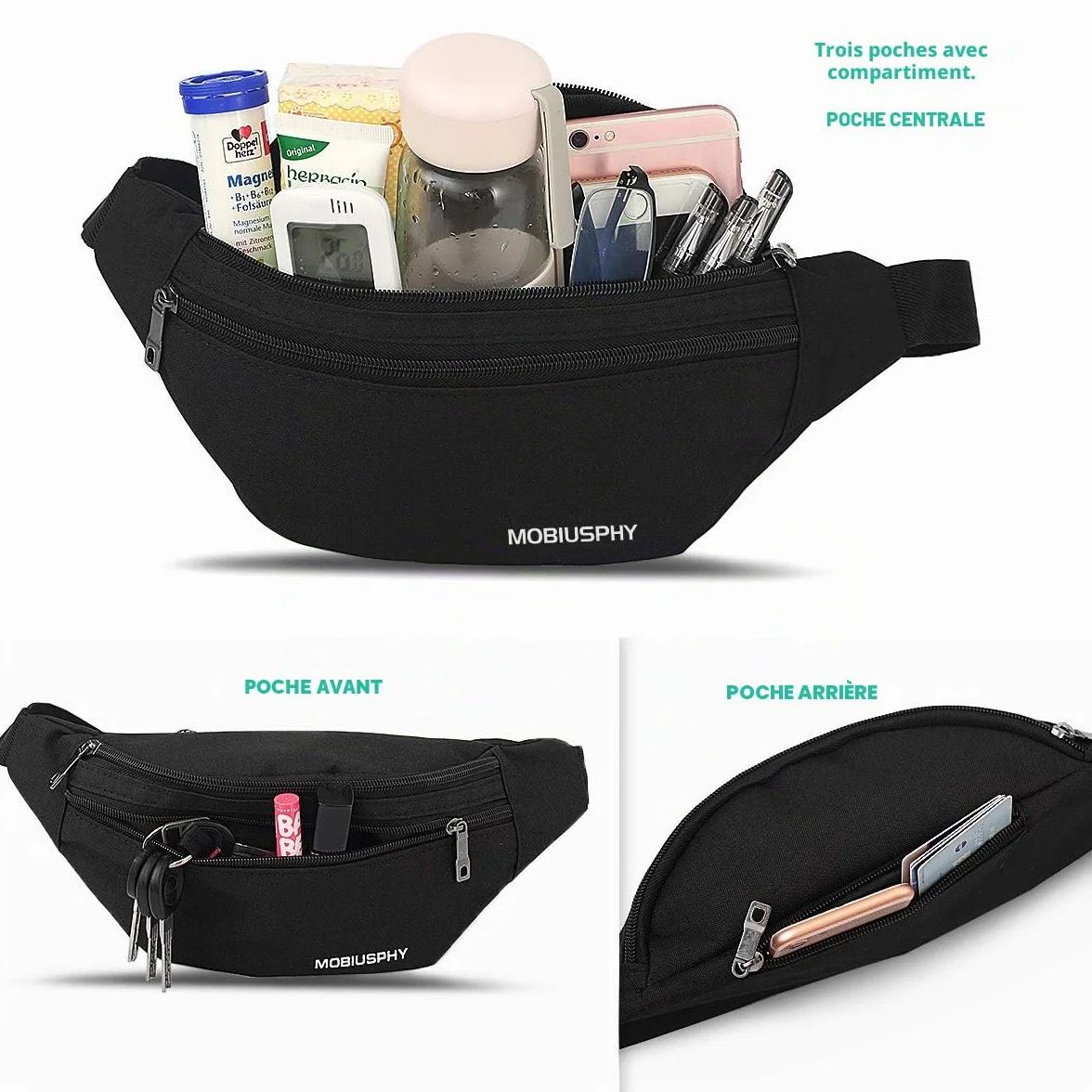 Sac à la Taille Ceinture de Course Homme Femme Sacoche Banane Etanche Réglable Cyclisme Gym Jogging Noir