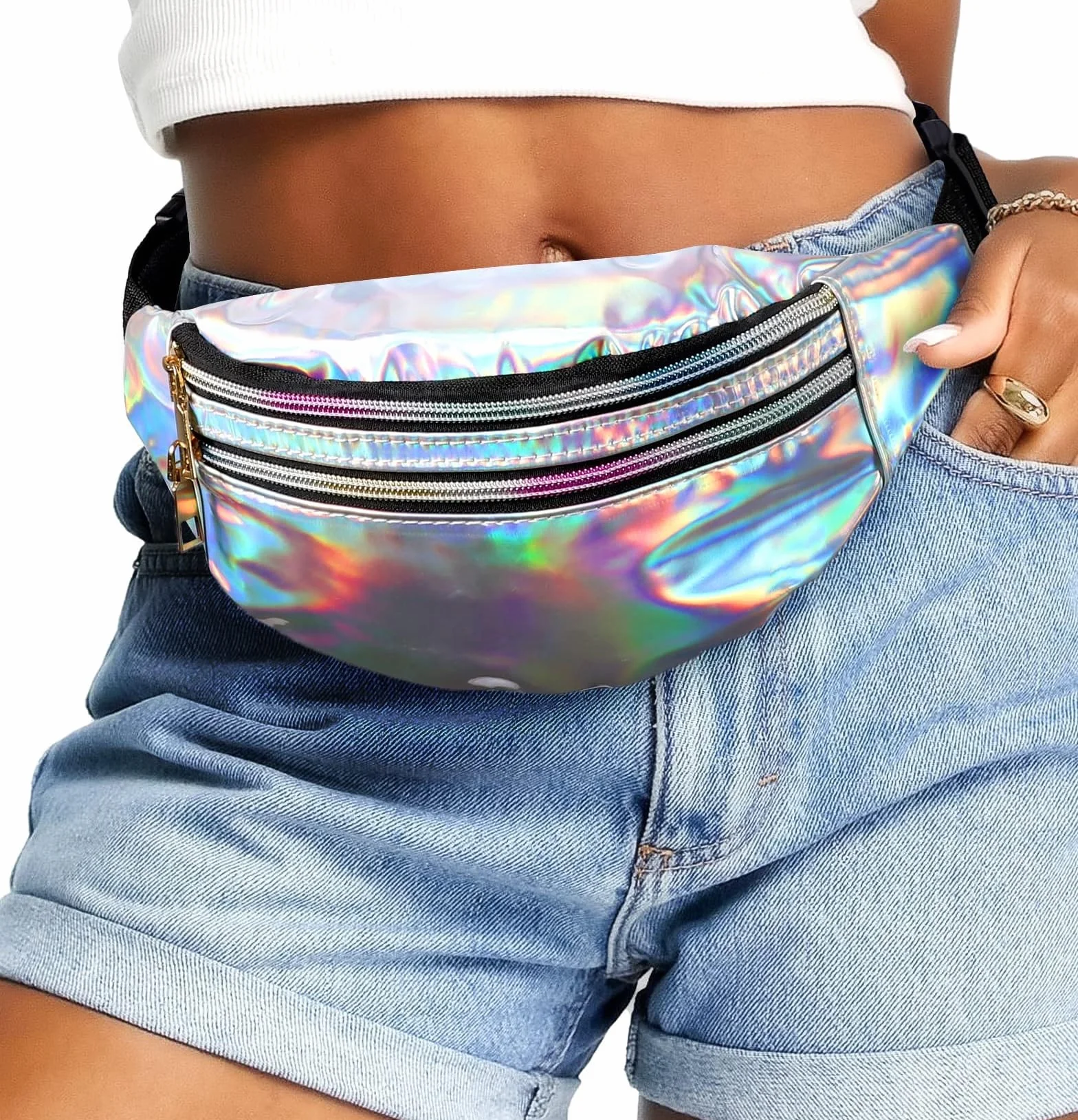 JunD Sac Banane Femme Cuir PU Holographique Années 80 90 pour Festivals Randonnée Course à Pied 2 Pack Argent Rose