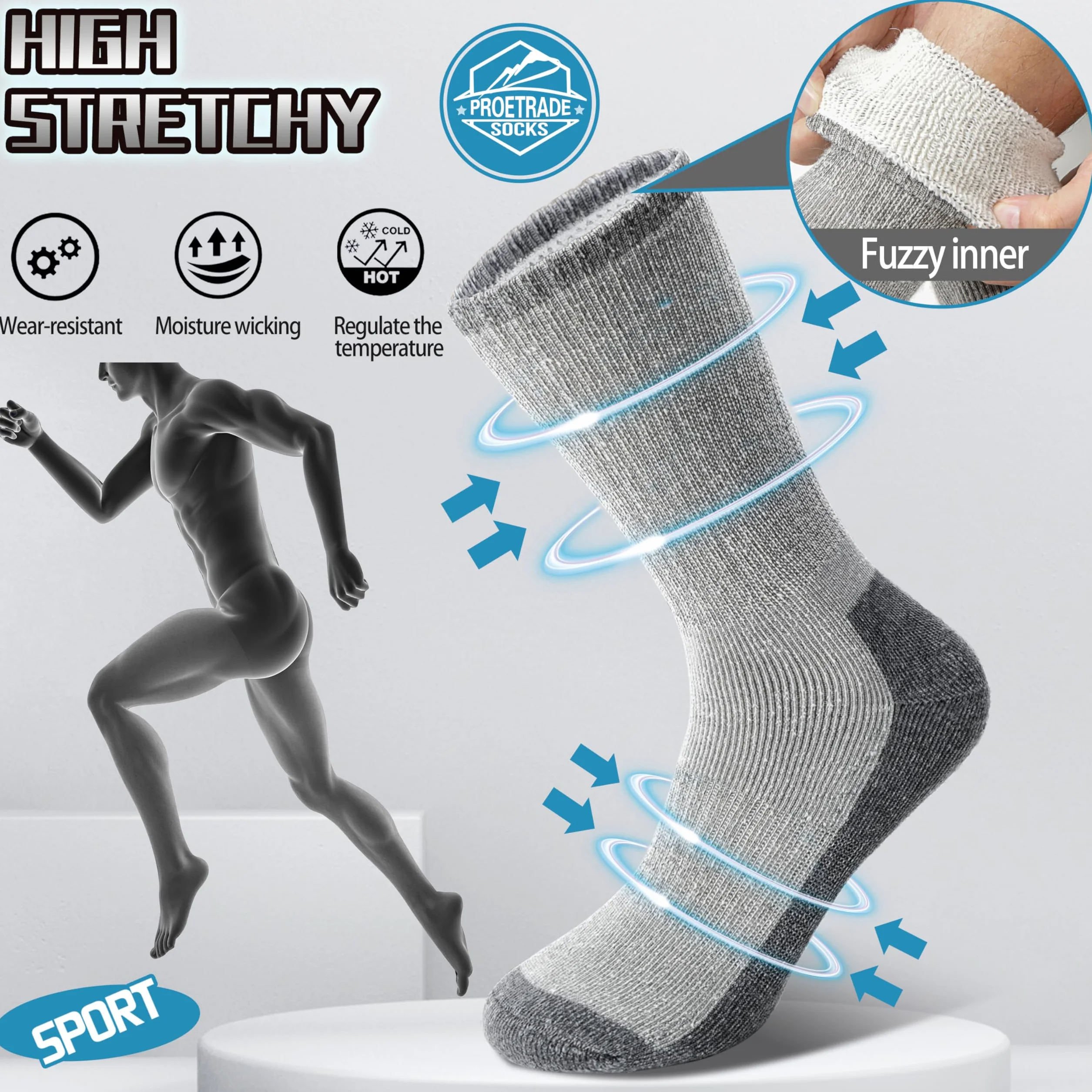PROETRADE Chaussettes Chaudes Hiver Homme Femme Laine Mérinos Randonnée Taille 36-46