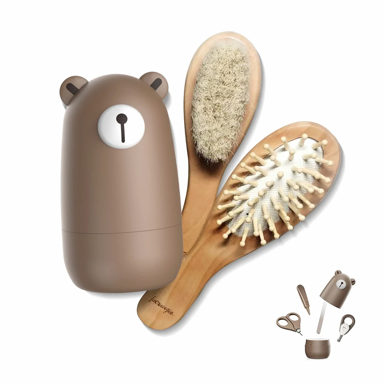 Ensemble de toilettage 6 en 1 pour bébé, brosse et peigne en bois naturel, ciseaux à ongles, lime et pince à épiler