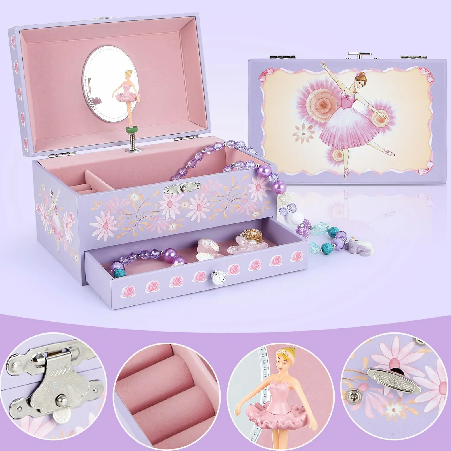 Boîte à bijoux musicaux avec tiroir et ballet rotatif pour enfants filles