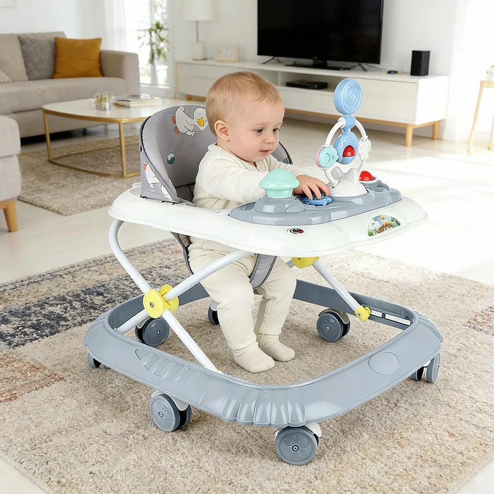 Trotteur Bébé Pliable avec Plateau Musical Réglable en Hauteur, 4 Niveaux, Coussin Amovible et Lavable, 58x55x65 cm Gris