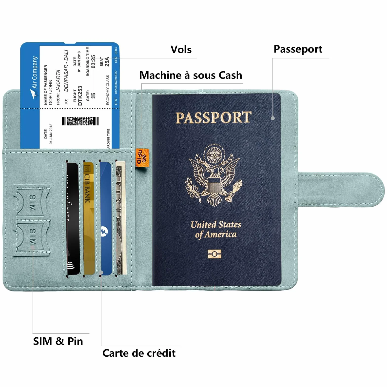 Toctax Protege Passeport Francais et Etiquette Valise avec Bloqueur RFID, Passport Cover pour Hommes et Femmes (Bleu)
