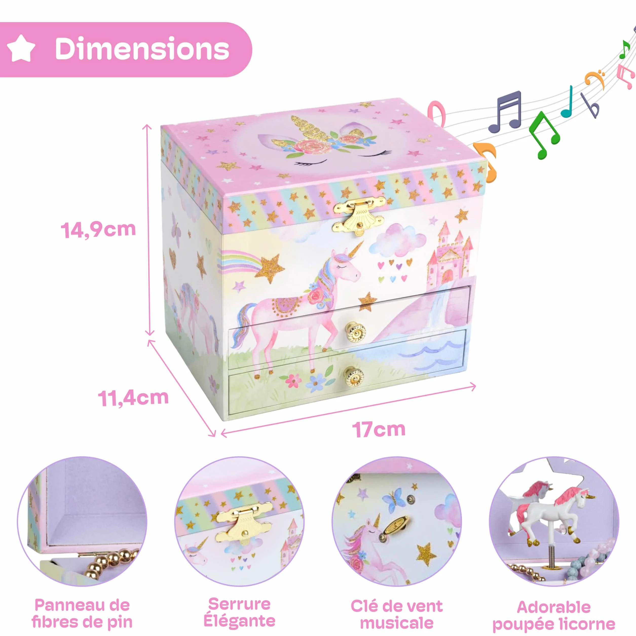 Jewelkeeper Grande Boîte à Bijoux Musicale pour Enfants avec 2 Tiroirs