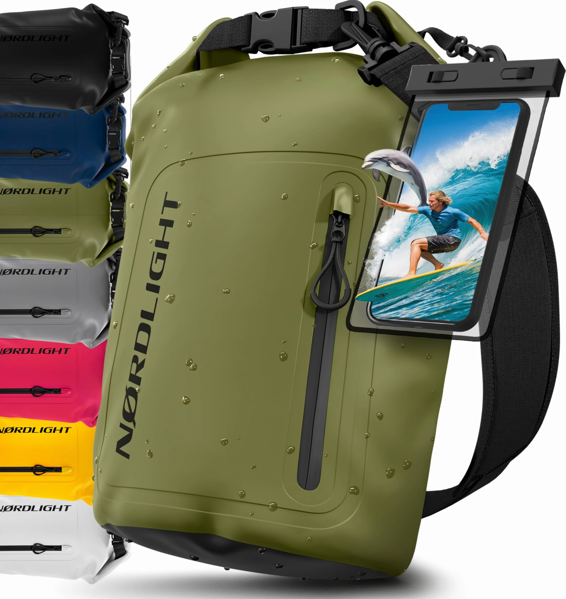 Nordlight Sac Étanche 20 L Vert Olive - Sac à Dos Nautique Impermeable avec Pochette Téléphone