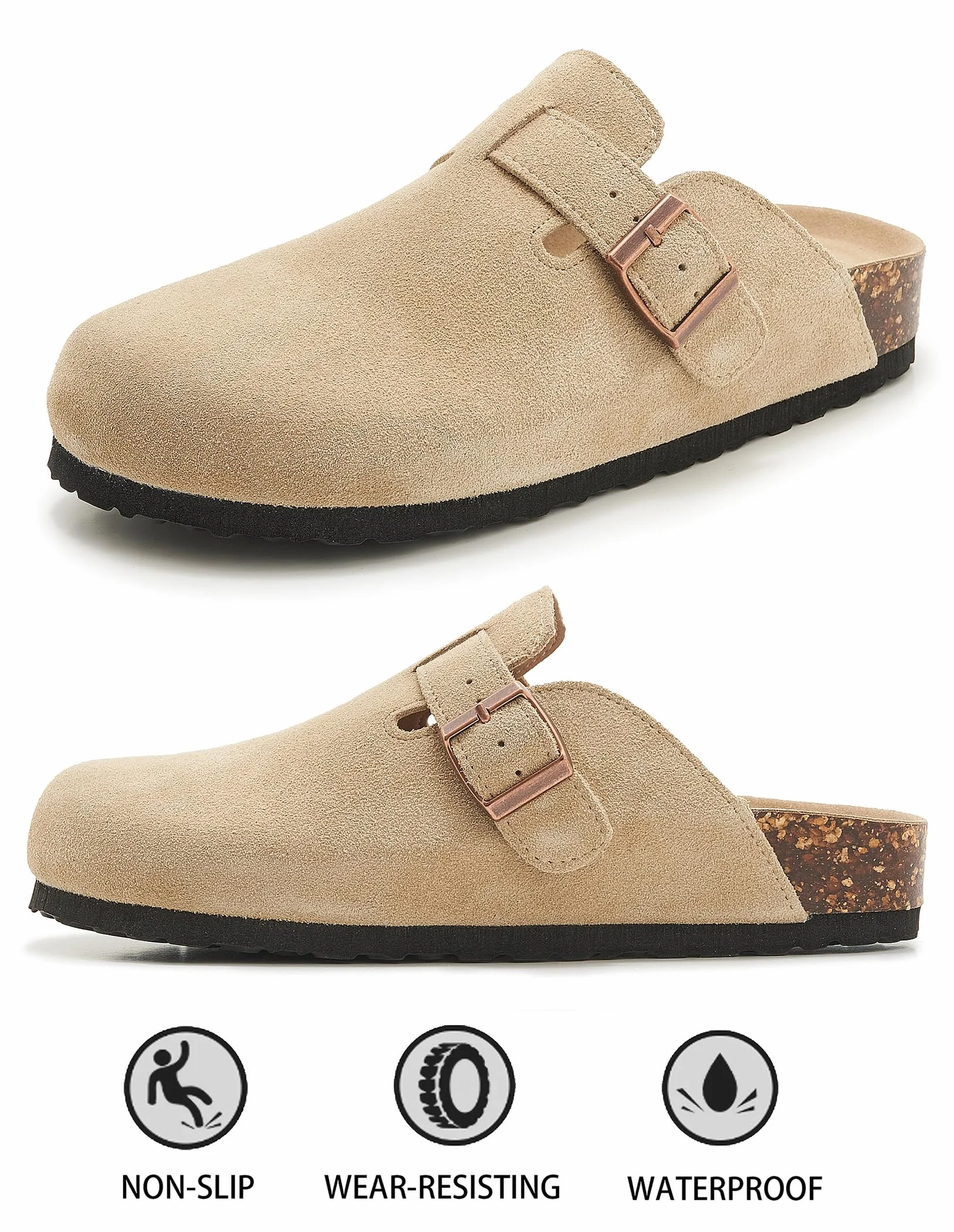 Mules et Sabots Homme Femme Chaussons Cuir Liège Pantoufles Antidérapants Semelle,36-44 EU