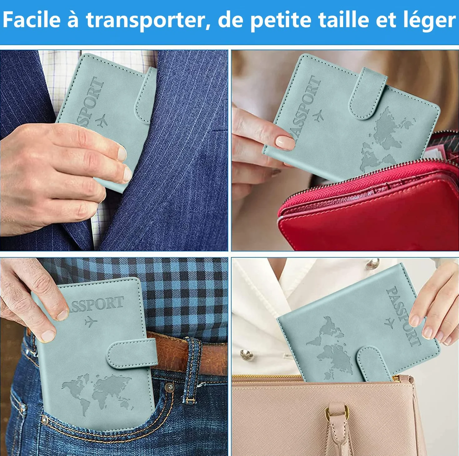 Toctax Protege Passeport Francais et Etiquette Valise avec Bloqueur RFID, Passport Cover pour Hommes et Femmes (Bleu)