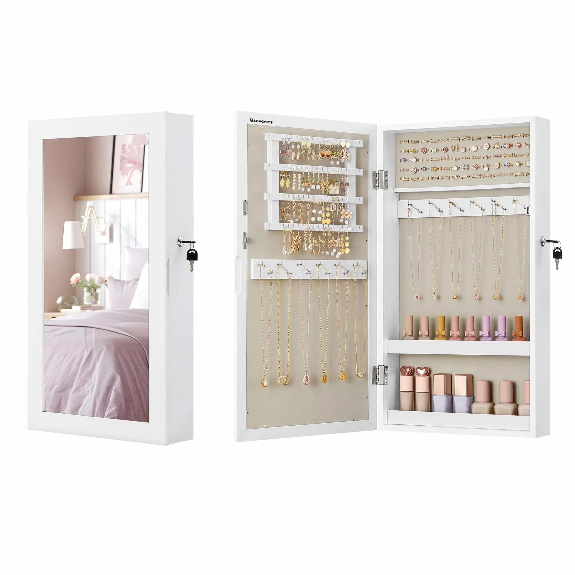 SONGMICS Armoire à Bijoux Murale avec Miroir, Verrouillable, Blanc et Grège JJC051W02