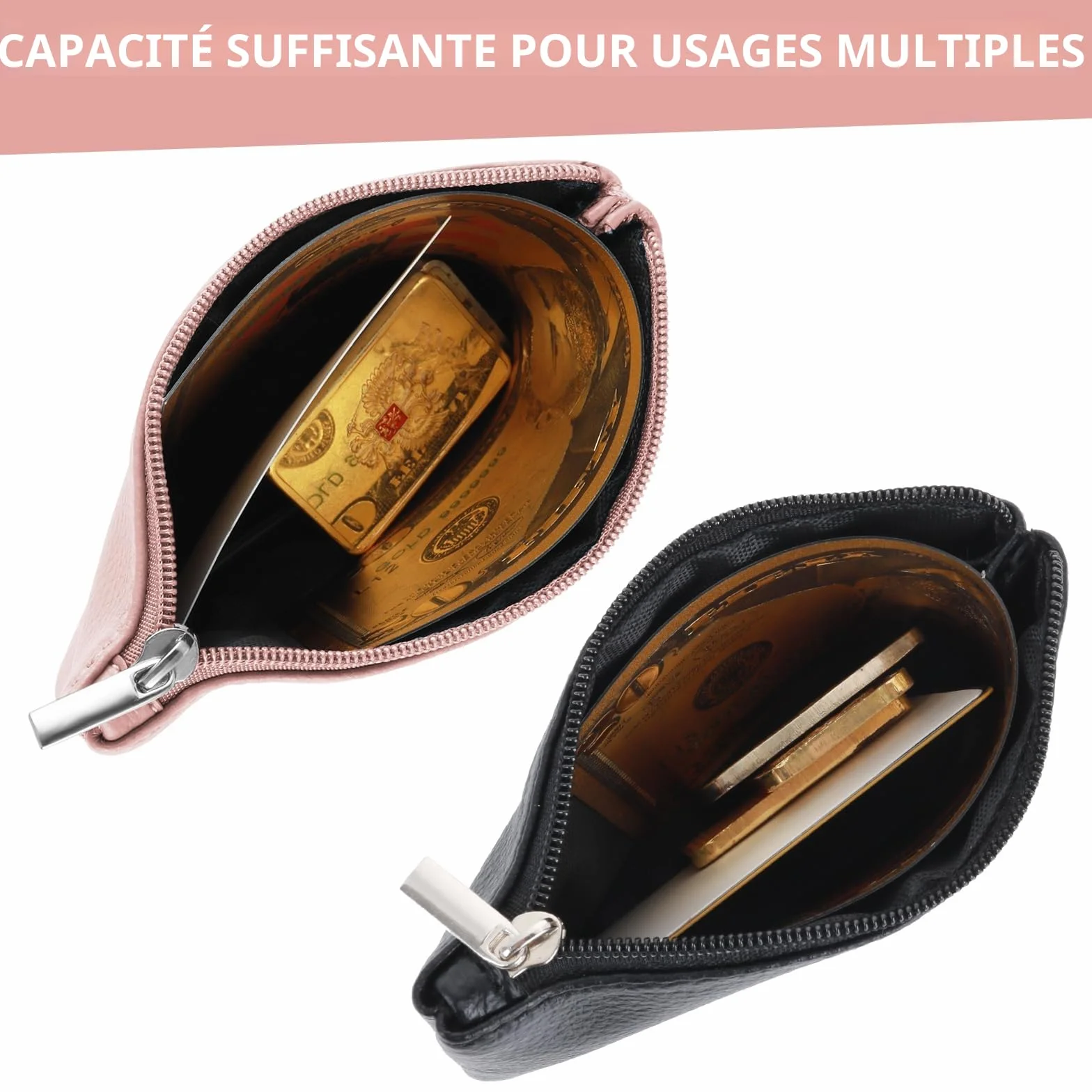 Simarro Lot de 2 Porte-monnaie en Polyuréthane avec Fermeture Éclair, Mini Portefeuille Noir et Rose