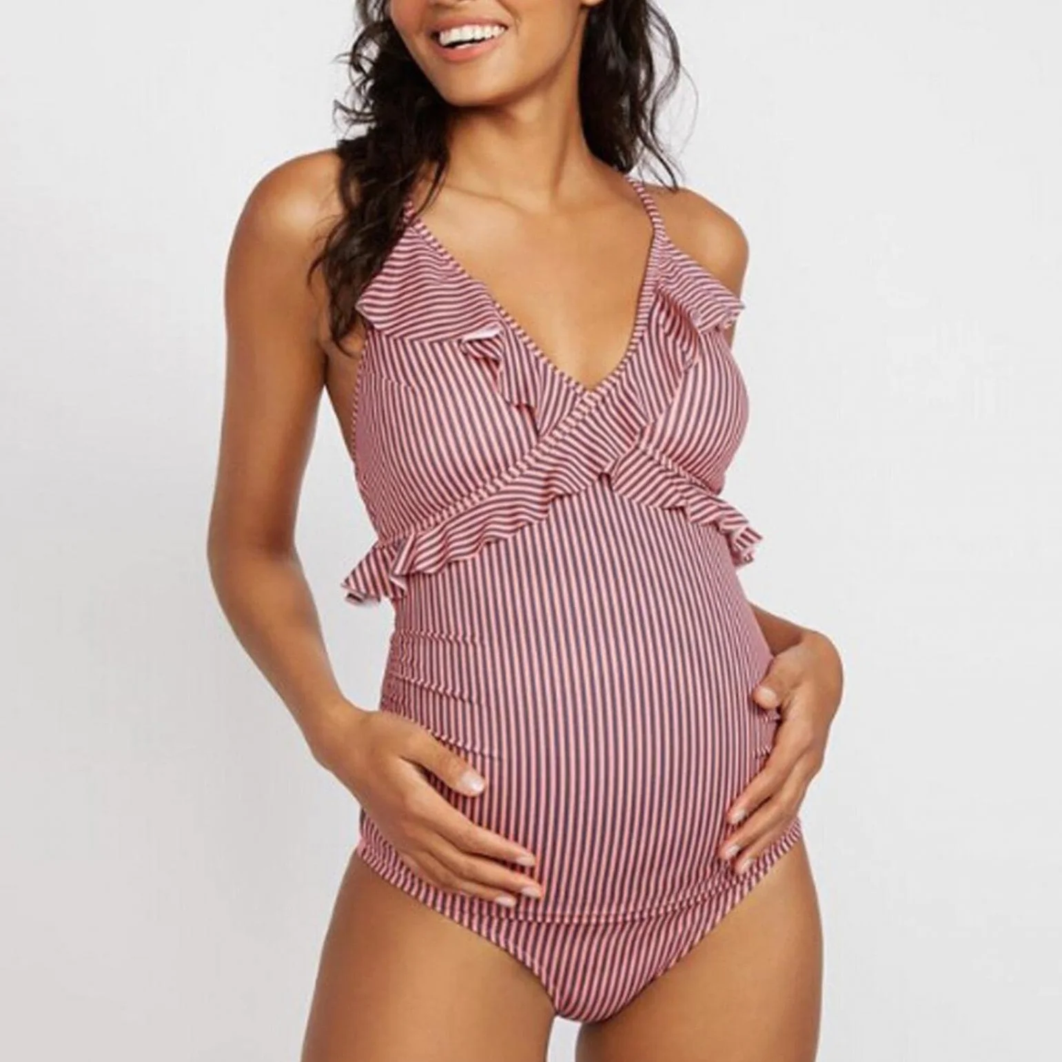 Maillot de Bain Une Pièce Maternité Femme col en V Rayé Tenue de Plage