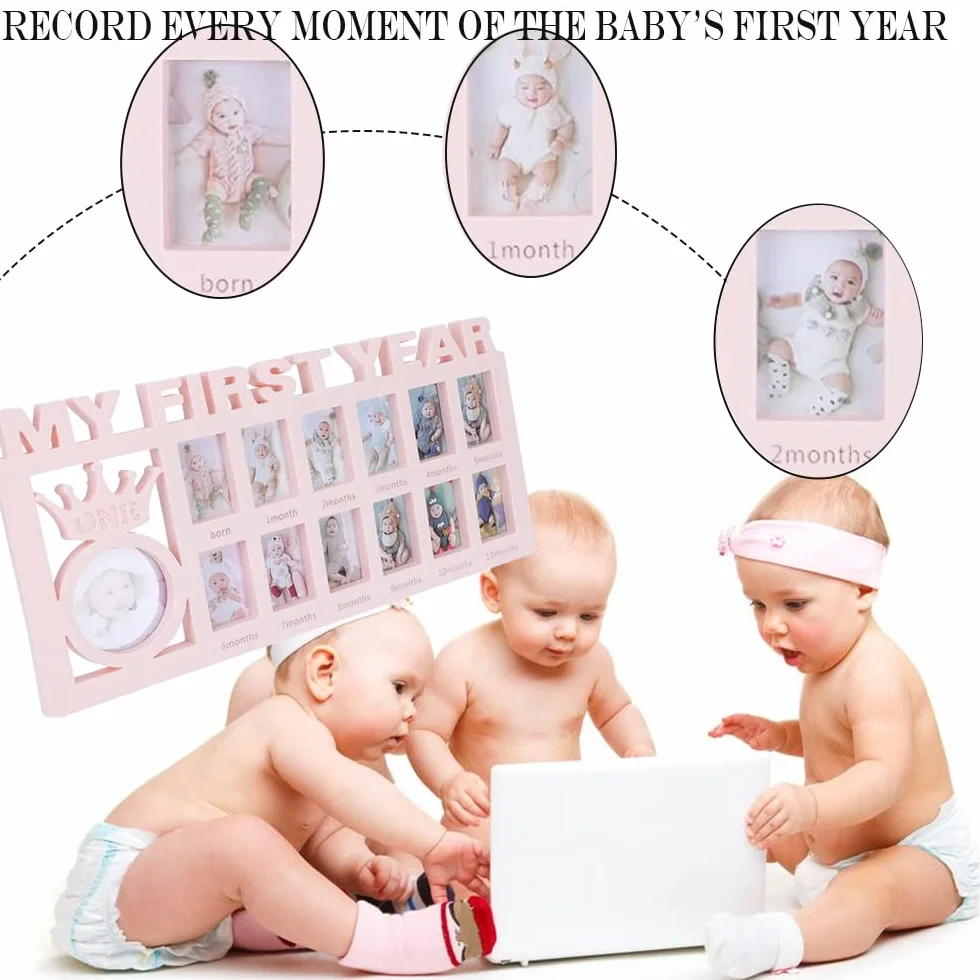 Cadre photo pour bébé Ma première année Album empreinte 1-12 mois Kit affichage multi-photos Cadeau mamans