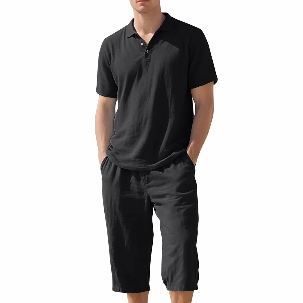 Ensemble en Lin 2 Pièce Chemise T-Shirt Manches Courtes Shorts Jogging Pantacourt 3/4 Capri Été Élastique Plage