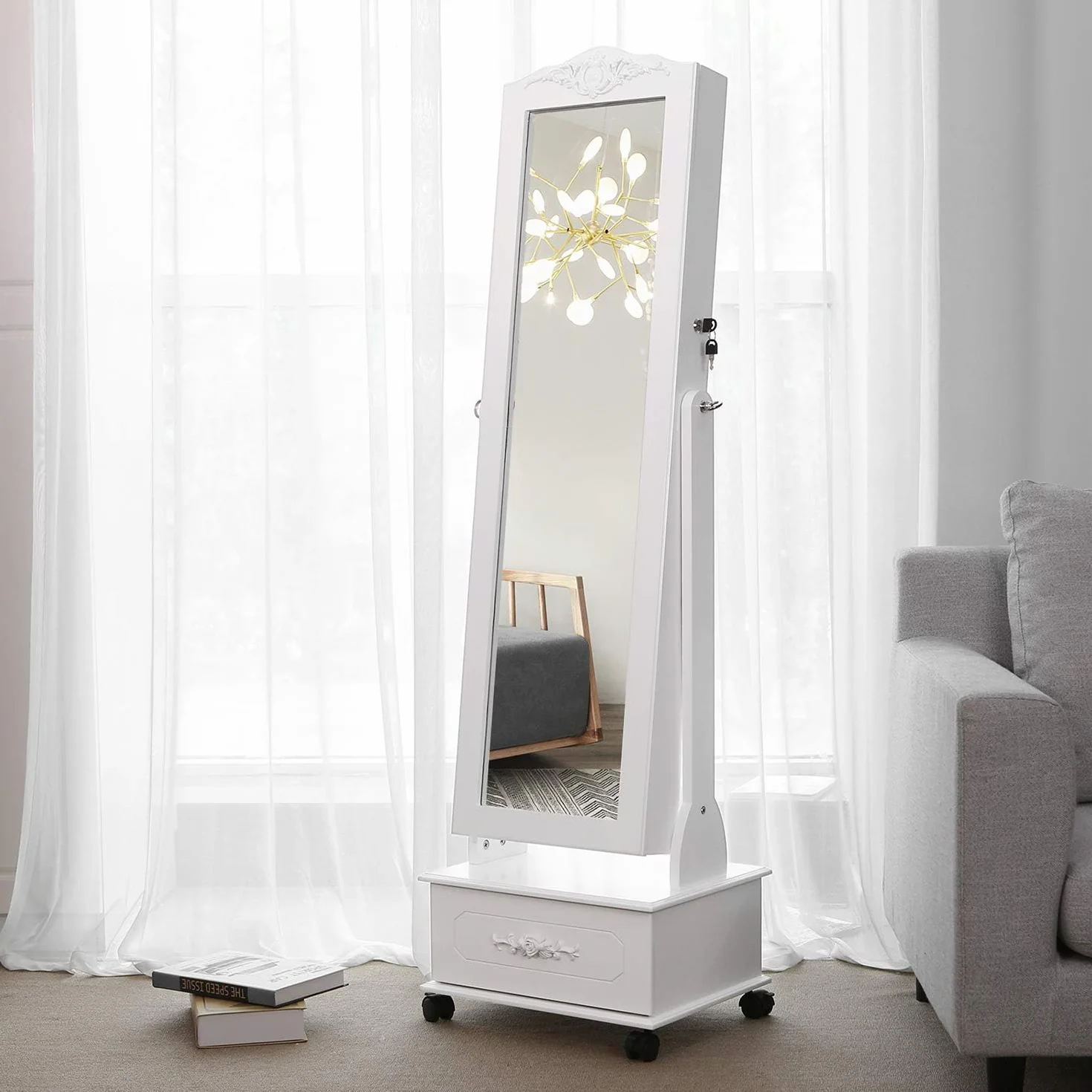 SONGMICS Armoire à Bijoux avec Miroir sur Pieds, Lumières LED 3 Couleurs, Intensité Réglable, Blanc JJC012W01