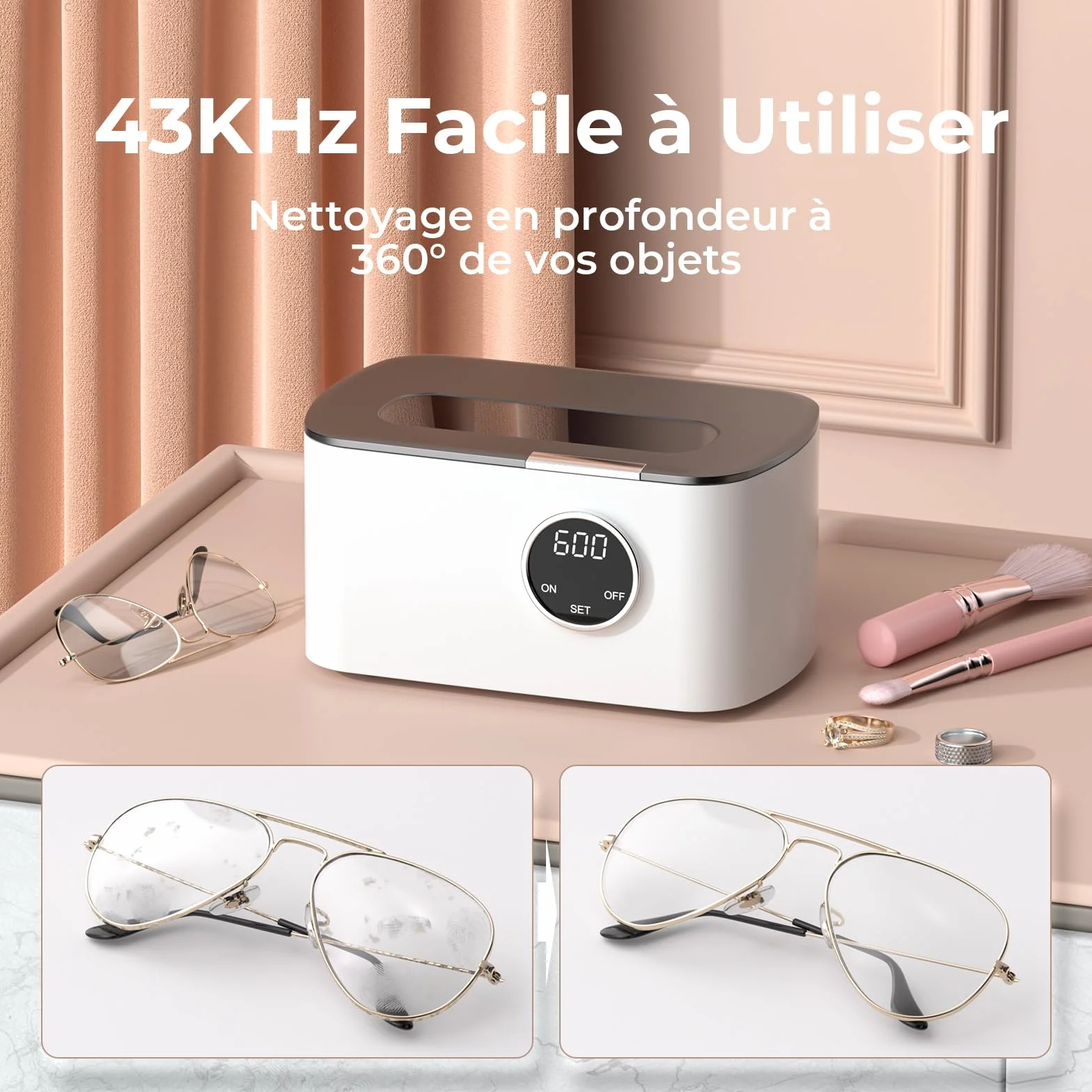 Nettoyeur Ultrasons 600ML 43kHz, Nettoyant Ultrason Bijoux avec Panier et Support