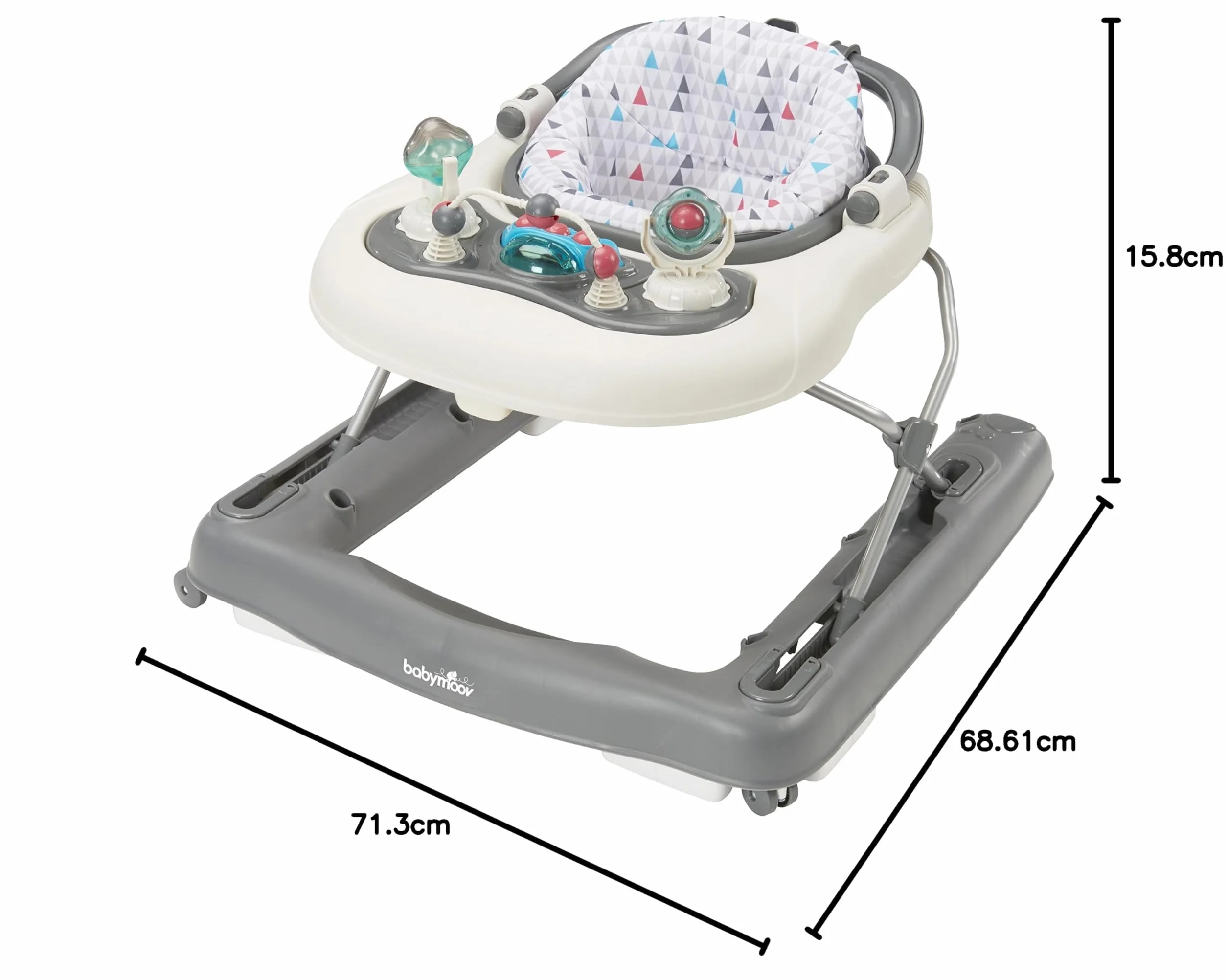Babymoov Trotteur Pousseur bébé 2-en-1 évolutif Pliable Tablette de Jeux Boîte à Musique Hauteur Réglable Dès 9 mois Zinc