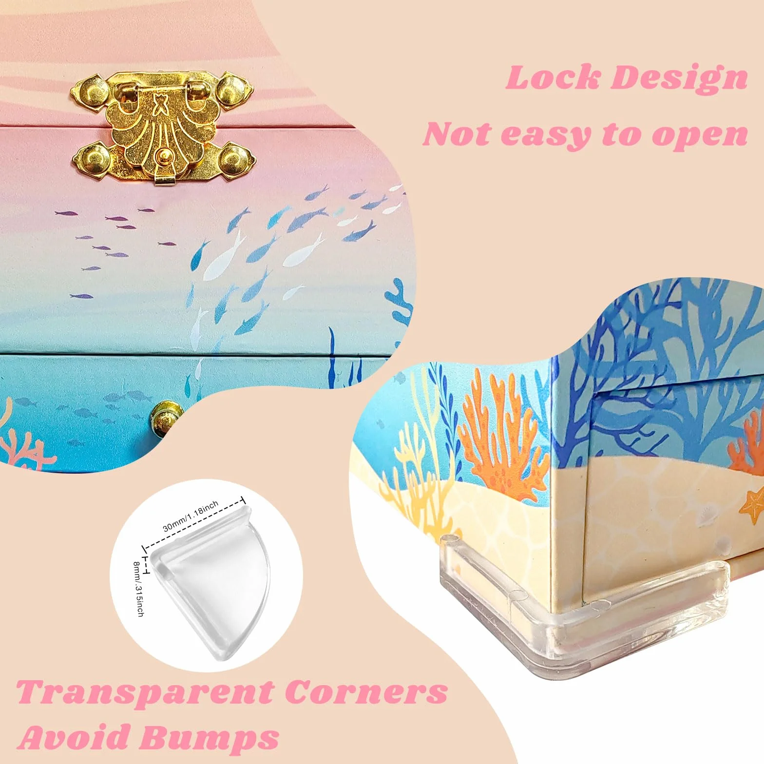 KOMABLEN Sirène Boîte à Bijoux Fille avec Miroir, Boîte à Musique Enfant 4 Parure de Bijoux et Protege Angle Cadeau Anniversaire 3-10 ans