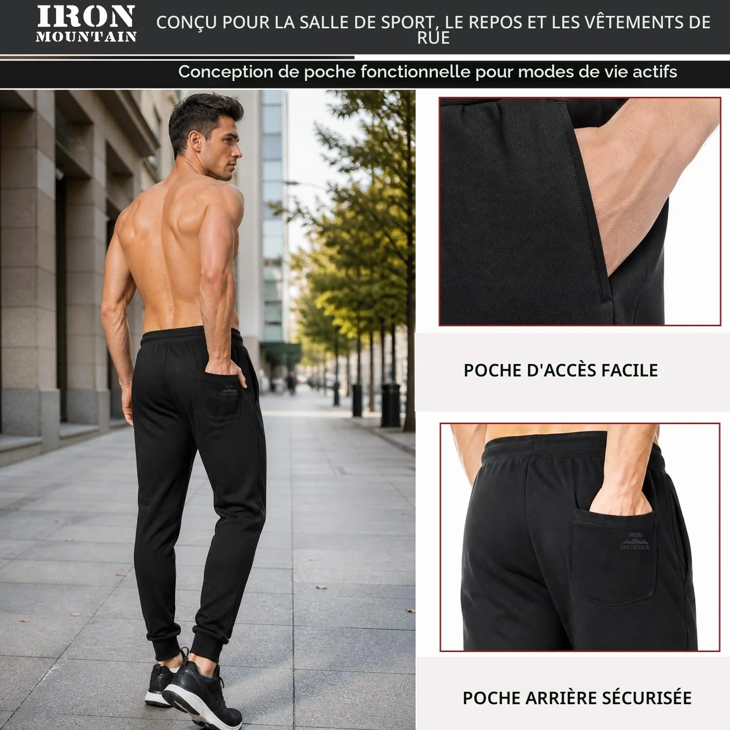 Pantalon Sweat Fleece Jogging Homme avec Chevilles Côtelées et Cordon, Fitness Détente (Noir, L)
