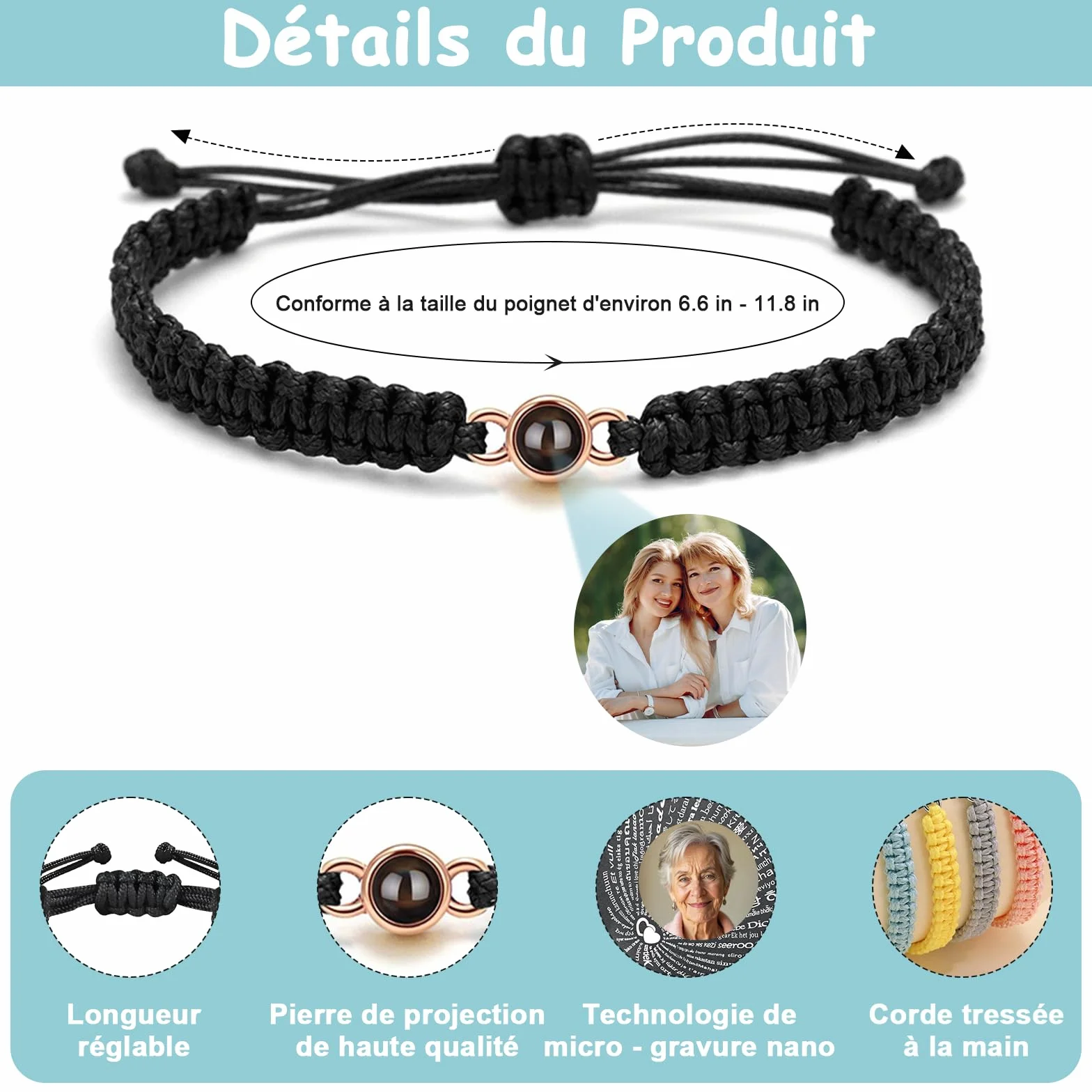 BEXOA Bracelet Photo Personnalisé Rond avec Image Cadeau Saint-Valentin Fête des Pères Mères