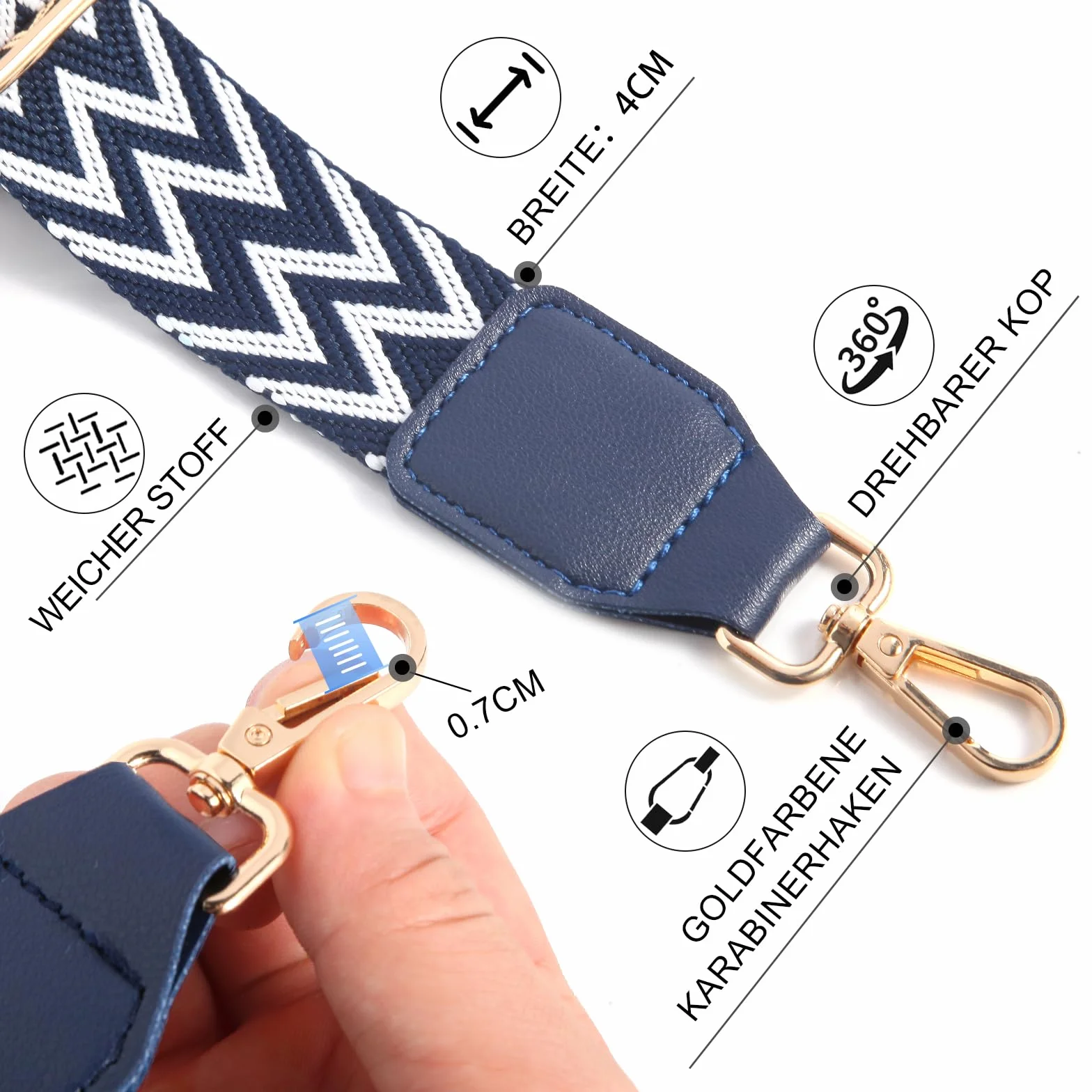 Bandoulière pour Sac à Main 3,8cm Large - Lanière pour Sac Banane, Sacoche Femme, Sac Marin - Blanc Bleu