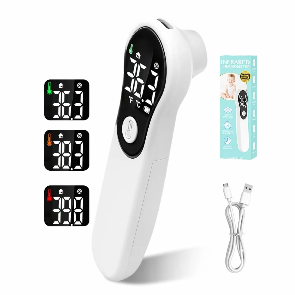 Thermomètre Frontal Sans Contact Infrarouge Numérique pour Adultes et Bébé, Écran LCD, Alerte Fièvre, Blanc