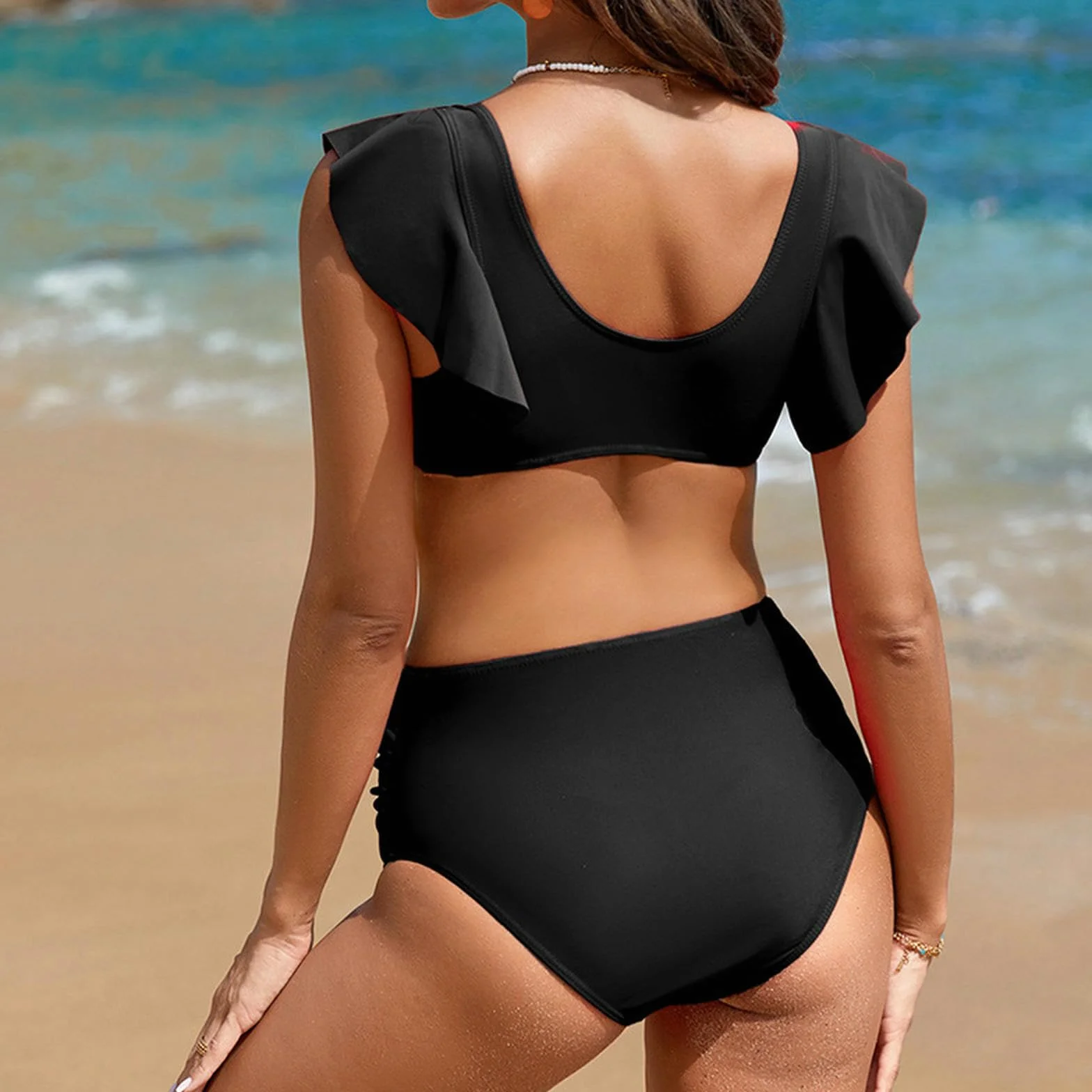 Maillot De Bain Maternité Deux Pièces Côtelé Grossesse avec Manches à Volants Col en V