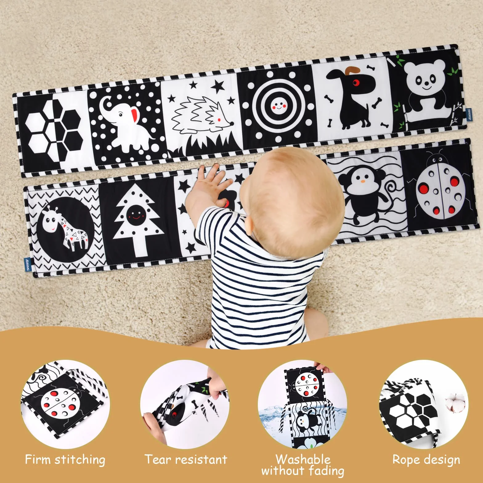 Livre d'Éveil Double Face en Tissu Vicloon pour Bébé Noir et Blanc Pliable 6-12 Mois