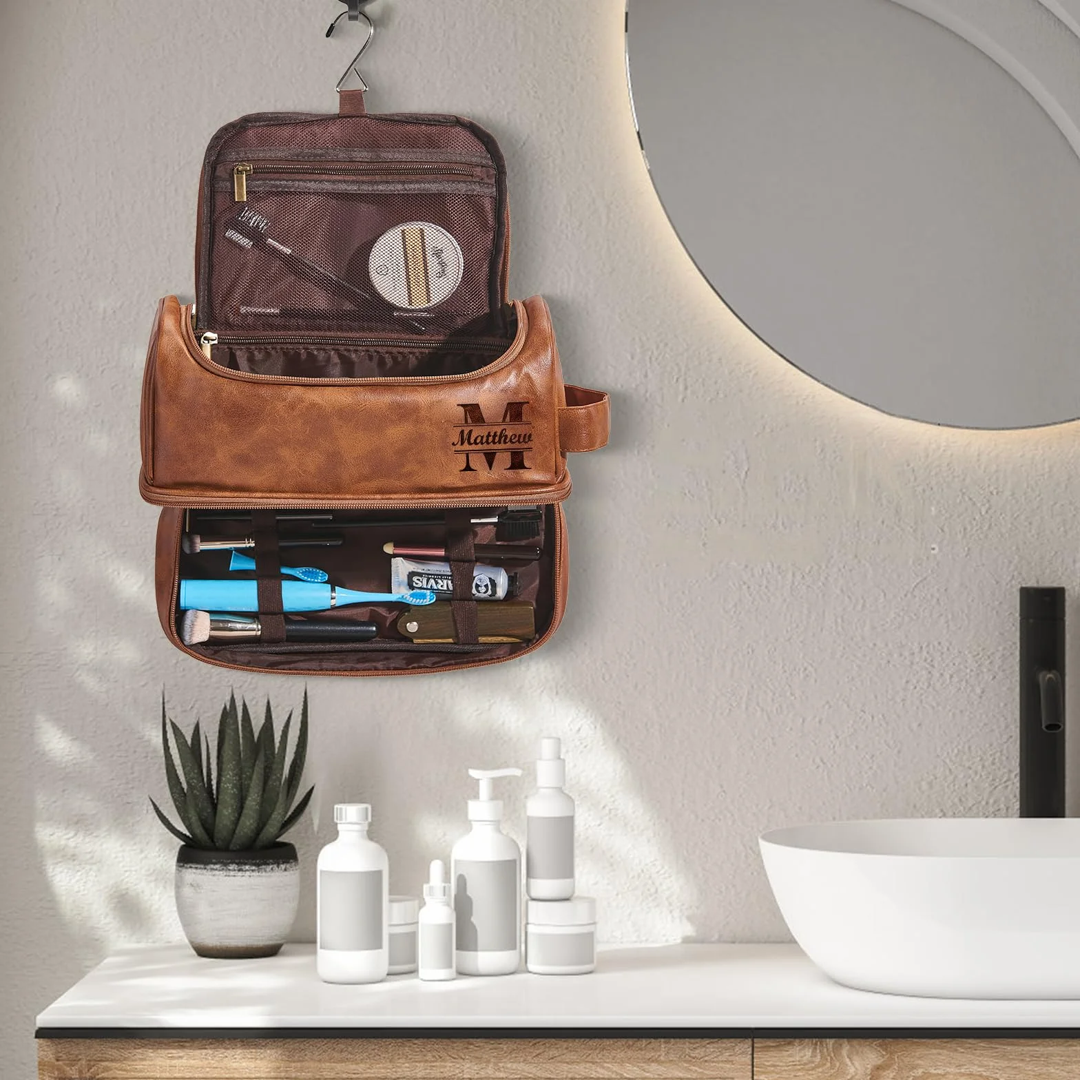 Grand sac de toilette en cuir PU 3-en-1 personnalisé pour hommes avec monogramme gravé au laser