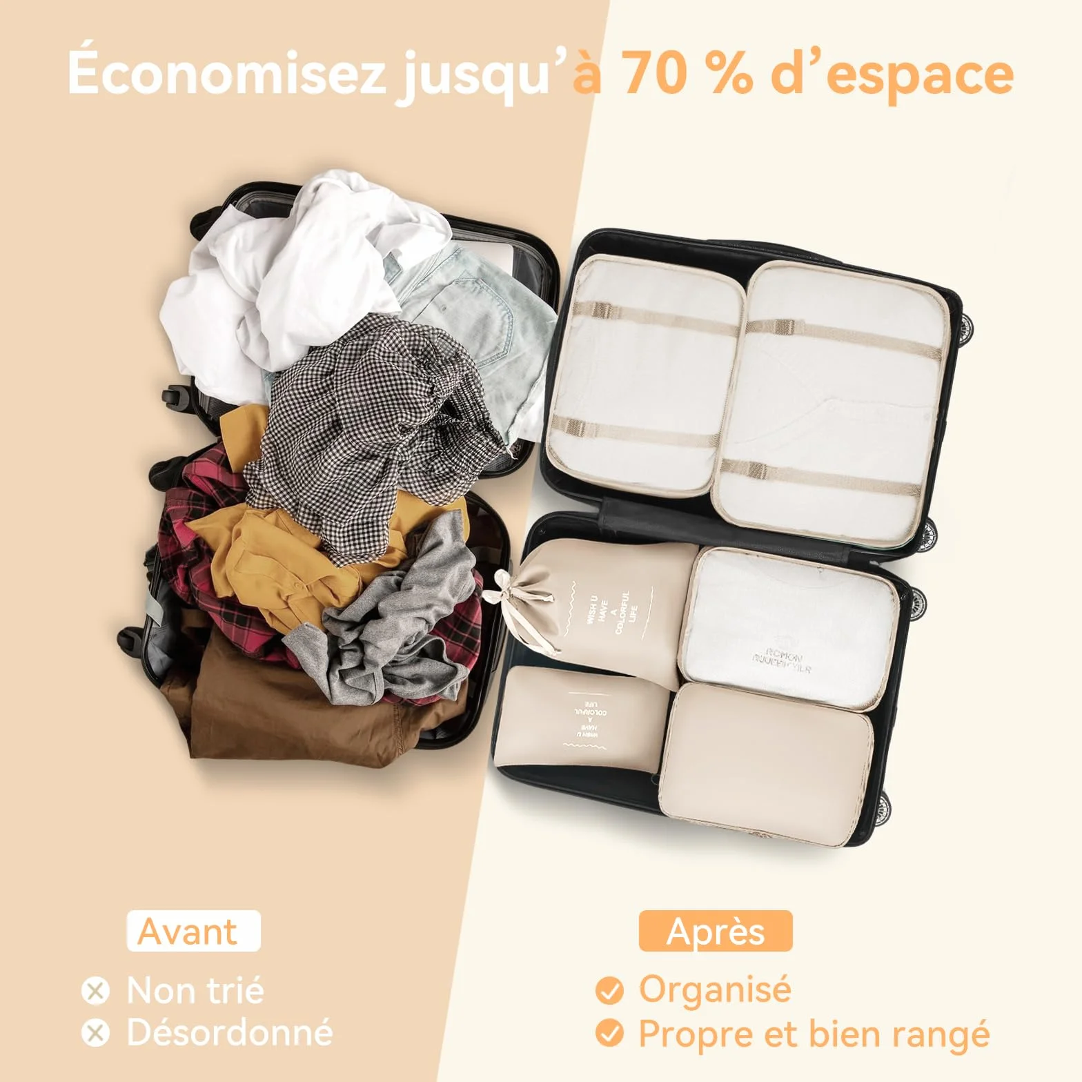 Organisateur Valise 12 Pièces Beige - Pochette Rangement Voyage Packing Cubes