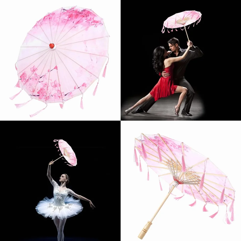 Parapluie à Pompon en Soie, Parasol en Soie de Bambou Chinois avec Glands, Parapluie de Danse Classique Imperméable pour Mariage (Rose)