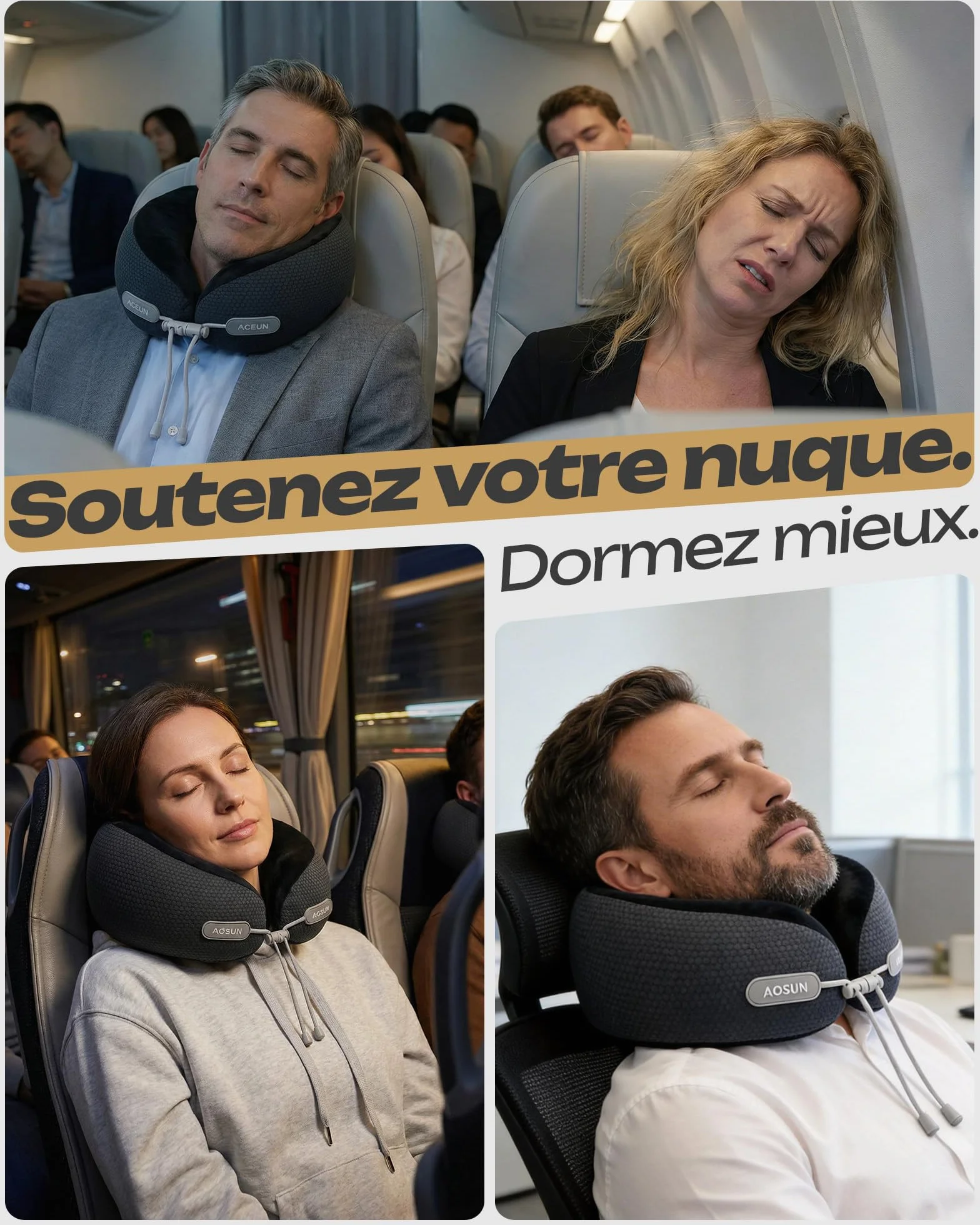 Aosun Coussin de Nuque de Voyage 4 en 1 avec Masque et Bouchon, Mousse à mémoire de Forme, Appui-Nuque Doux pour Dormir