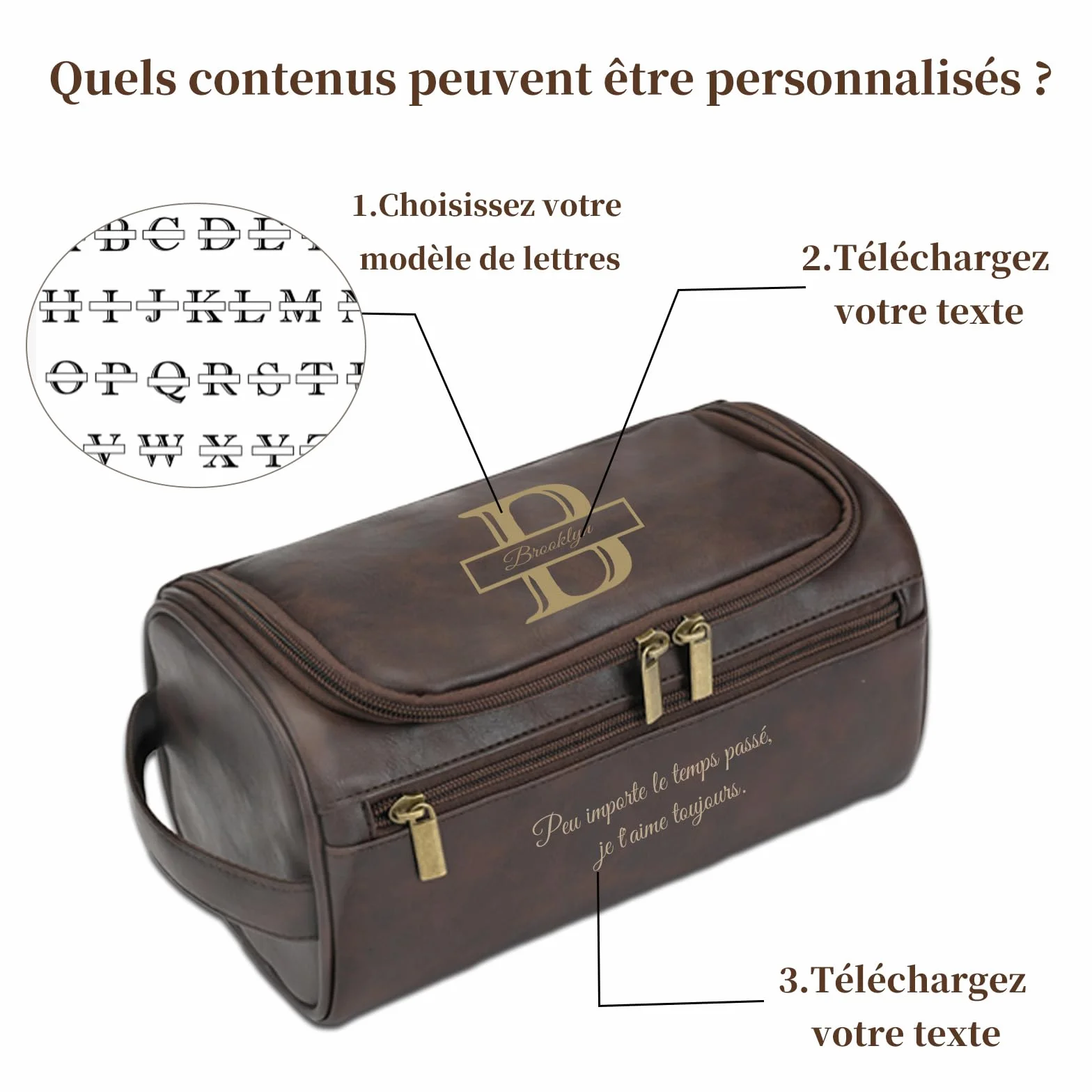Trousse de Toilette Homme Personnalisée Gravée avec Nom ou Initiales, Cadeau Mariage Fête des Pères Saint-Valentin (Châtain foncé)